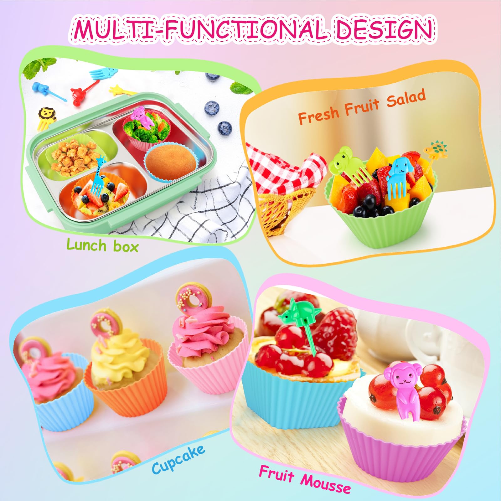 100PCS Silicone Lunch Box Dividers for Kids Lunch Accessories Set, Including 24 Reusable Silicone Cupcake Liners Baking Muffin Cups with 76 Animal Food Picks for Kids, Lunchbox Bento Box Accessories