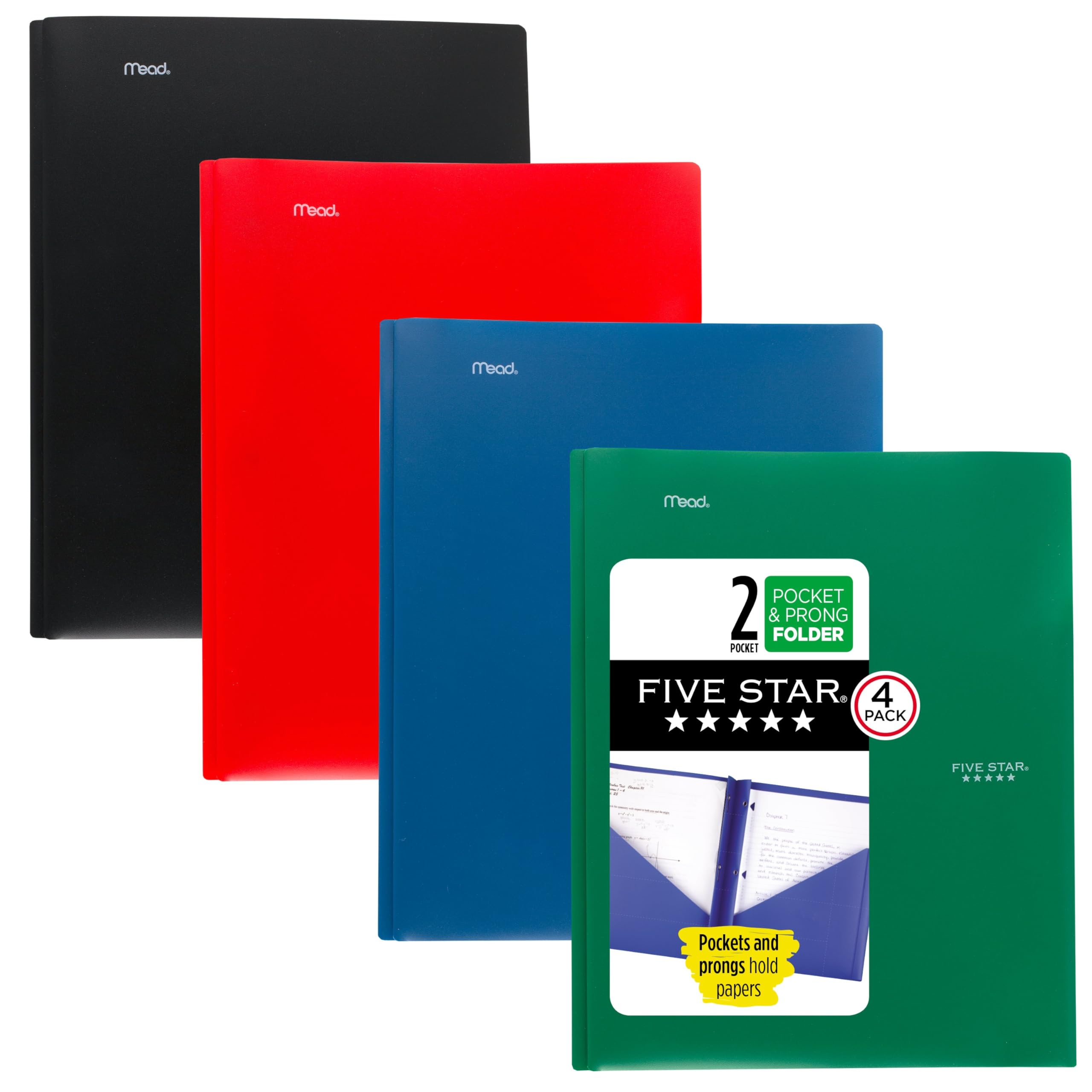 Five Star 2-Taschenmappe, 4er-Pack, Kunststoffmappe mit Klammern, für 21,6 x 27,9 cm Papier, Schwarz, Feuerrot, Waldgrün, Pazifikblau (38140)