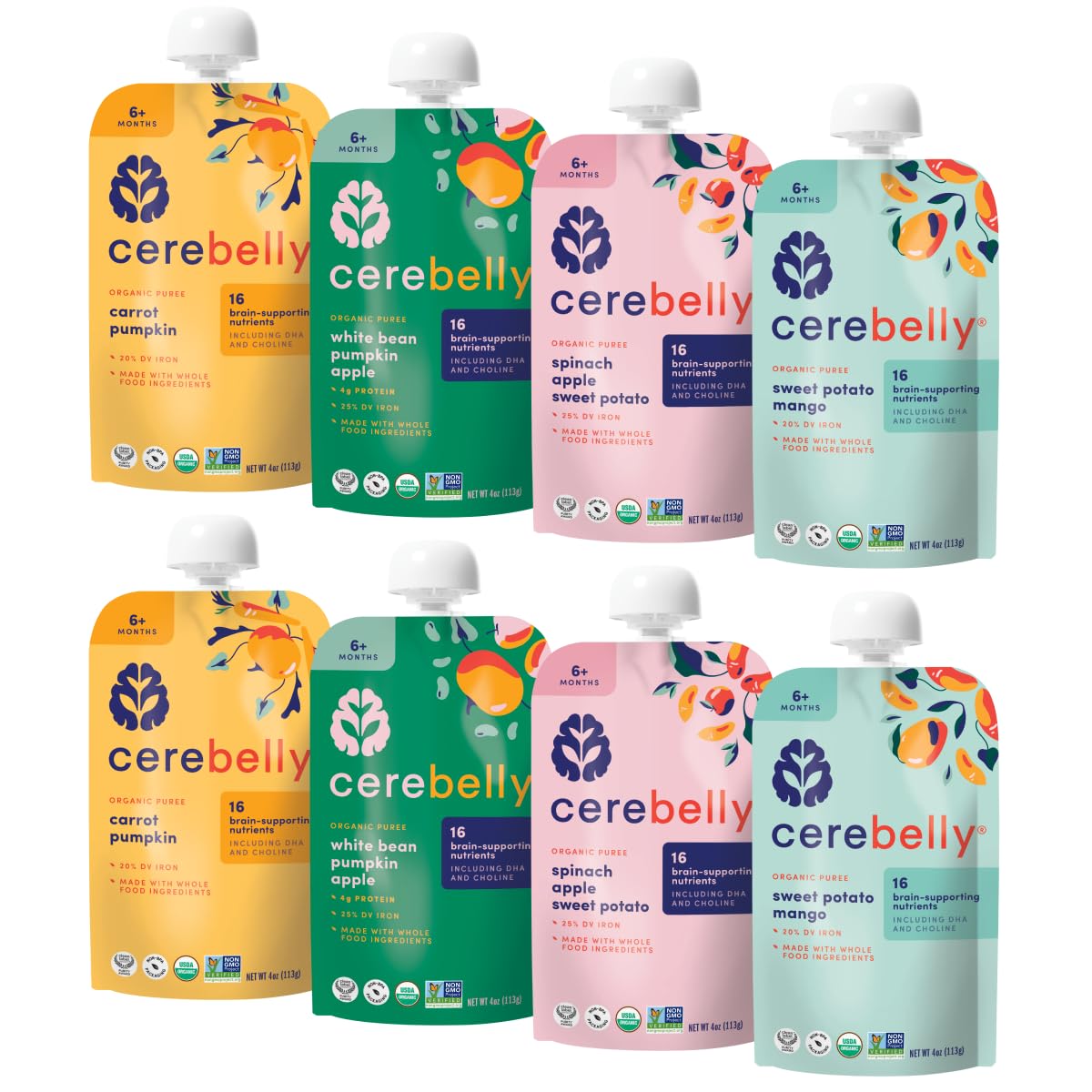 Cerebelly Organic Baby Food Pouches Variety Pack - Organic Veggie Purees for Toddlers | No Added Sugar, Fiber, Non-GMO | Blended Toddler Pouches | 4 Ounce BPA-Free Pouch | 4 Flavors | 8 Count