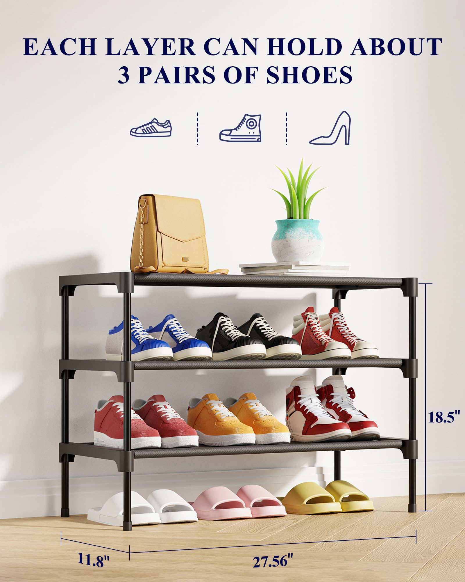 Kitsure Shoe Rack - Non-Woven Shoe Rack Shelf, Shoe Organizer for Closet, Entryway, Garage & Corridor, Stackable Shoe Shelves, 27.5" Wide - 3 Tier, Black