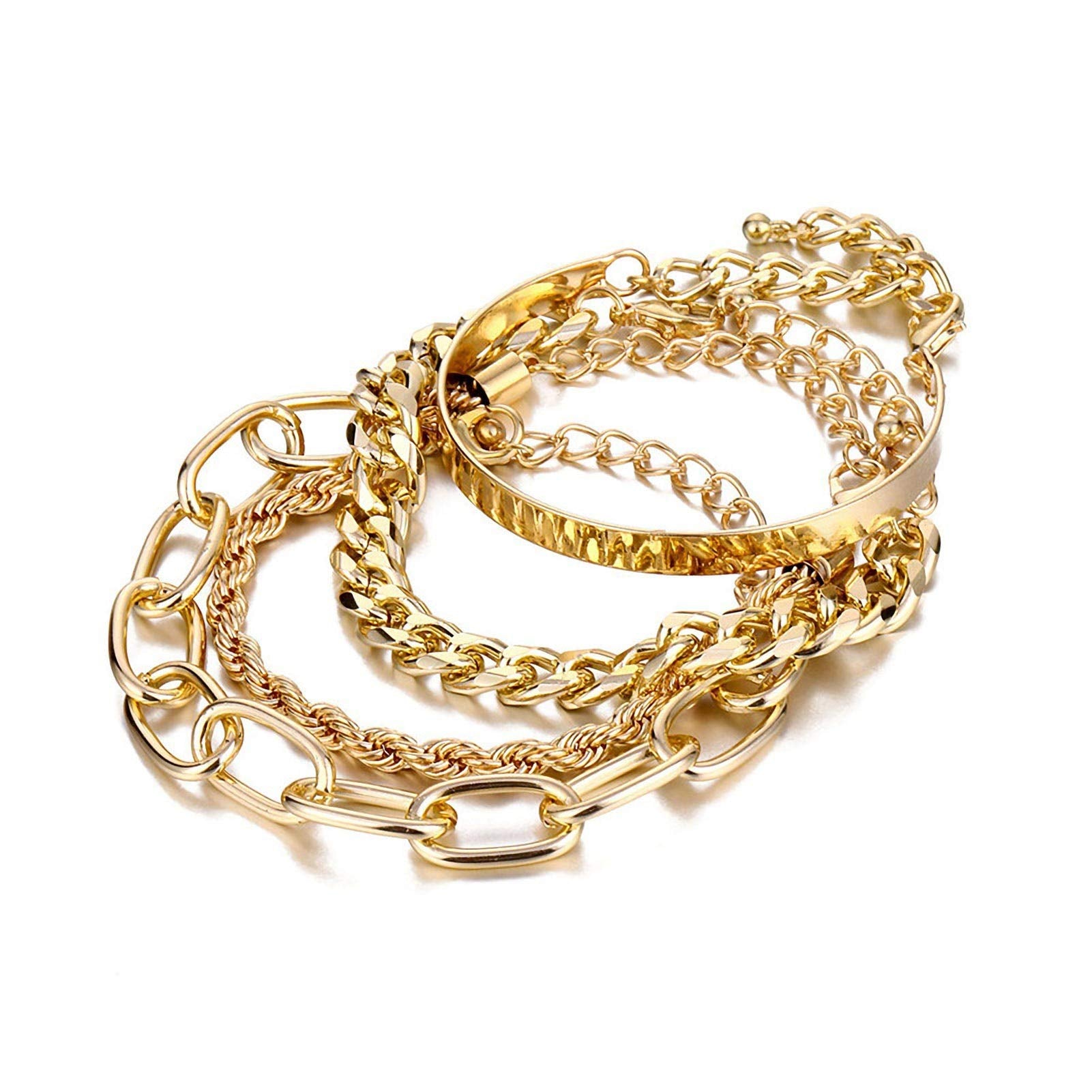 IFKM Gold Bracelets for Women, 14K Gold Plated Dainty Layered Chain Bracelets Adjustable Cute Bangle Link Bracelet Set (4 PCS Gold Plated)