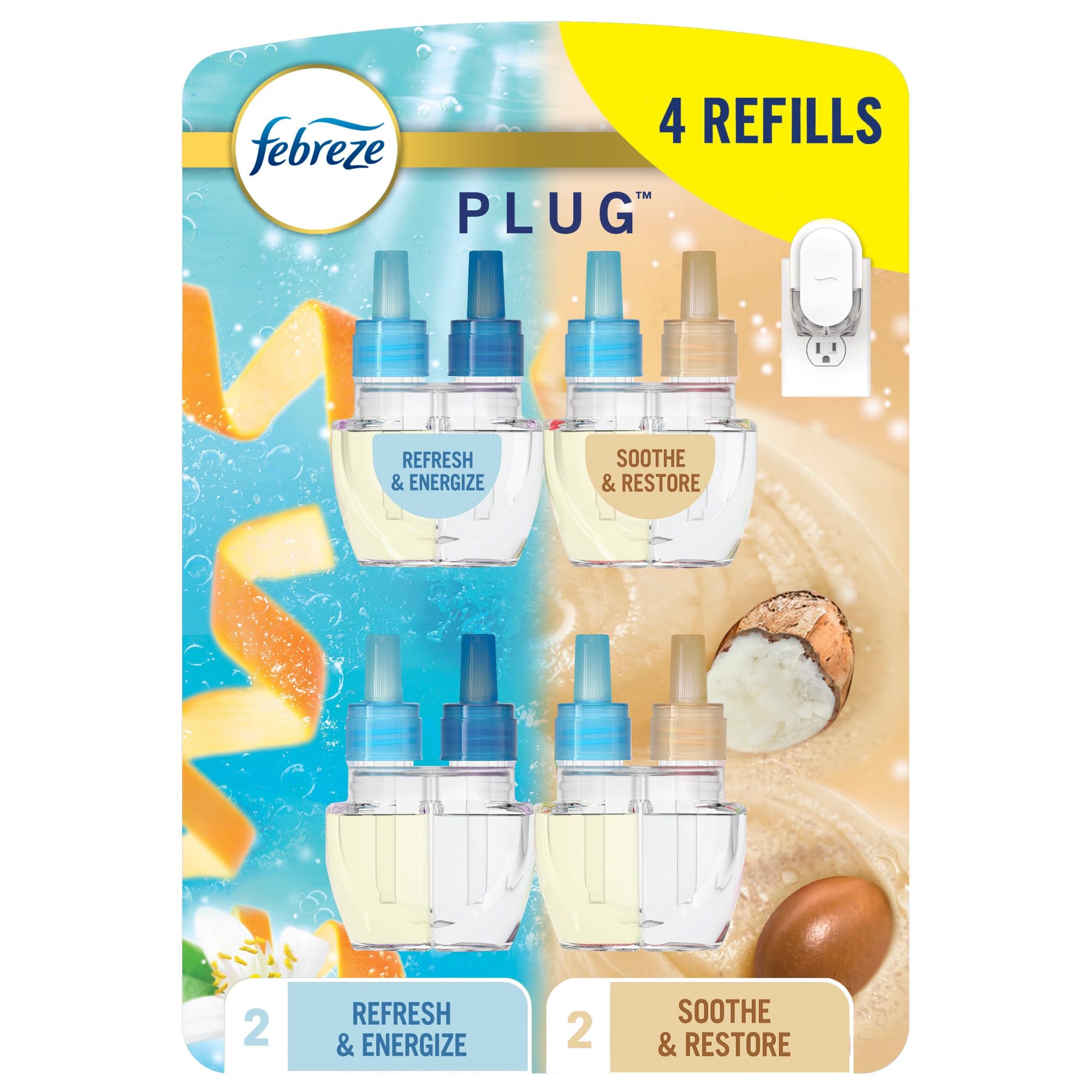 Febreze geruchsbekämpfender Fade Defy PLUG Lufterfrischer, erfrischt und belebt, beruhigt und regeneriert, 4er-Pack (je 2 Stück), 23,37 ml Öl-Nachfüllpackung