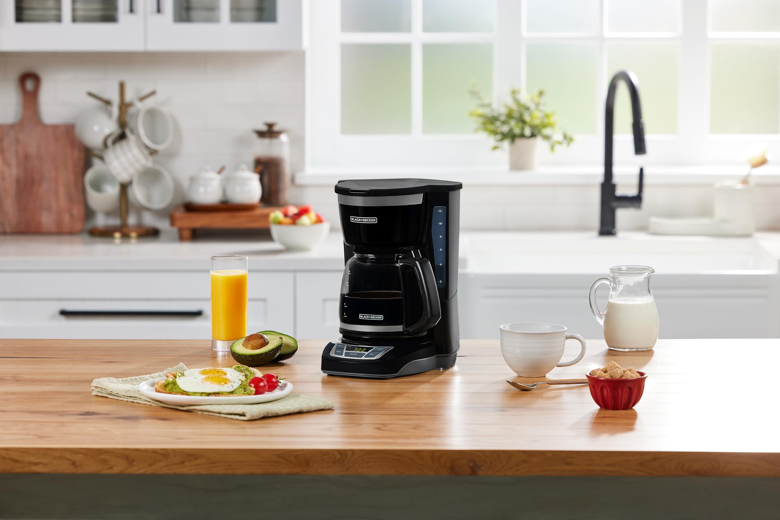 BLACK+DECKER 12-Cup Digital Coffee Maker, Programmable, Washable Basket Filter, Sneak-A-Cup, Auto Brew, Water Window, Keep Hot Plate, Black
