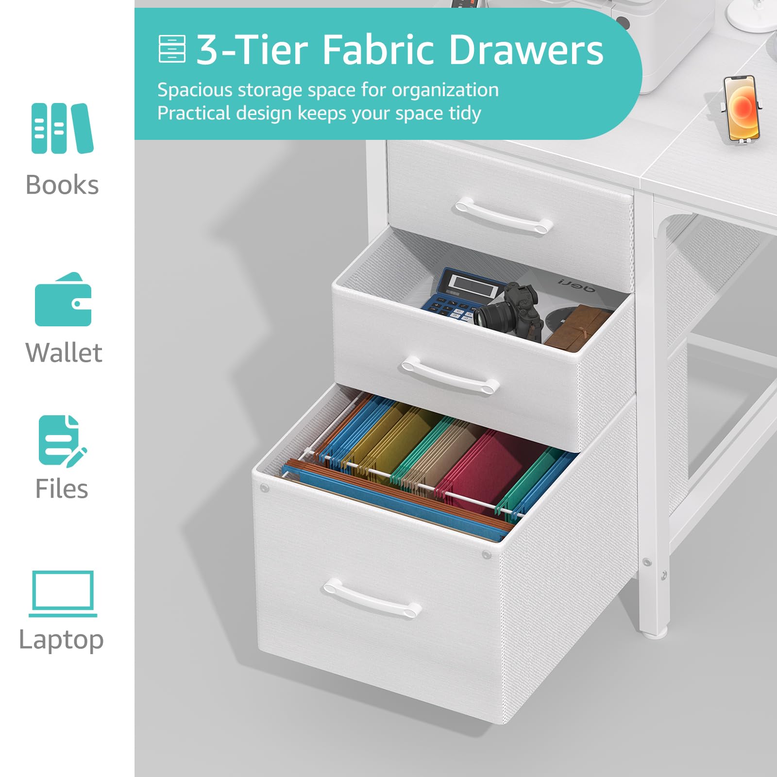 Lufeiya White Desk with Fabric File Drawers Cabinet, 47 Inch Reversible Computer Desk with Filing Cabinet for Bedroom Small Space Home Office, Modern Writing Table PC Desks, White