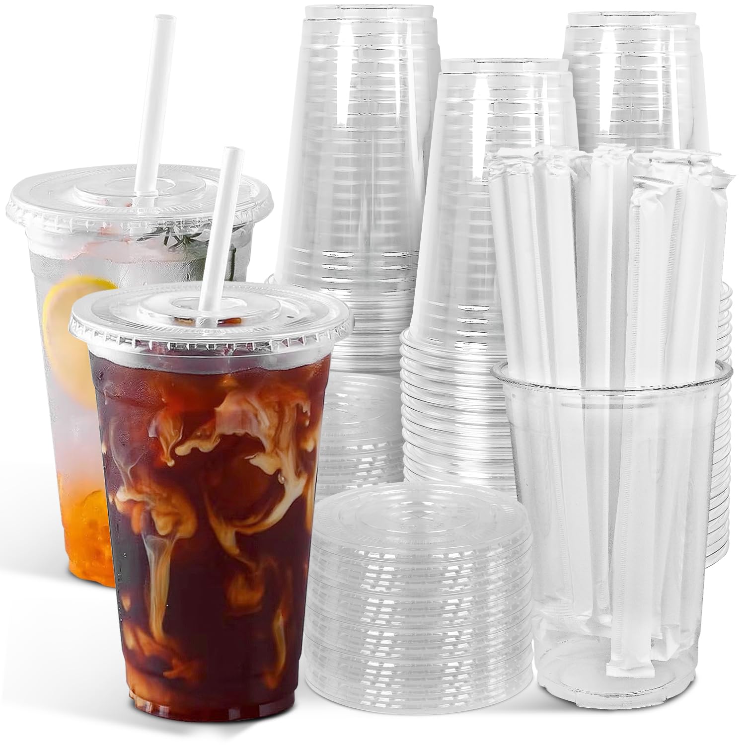 Ginkgo 100er Pack 20oz durchsichtige Plastikbecher für Eiskaffee mit Deckel und Strohhalmen, Einwegbecher zum Mitnehmen für Smoothies, Milchshakes, Kaltgetränke, Zubehör für Kaffeebars