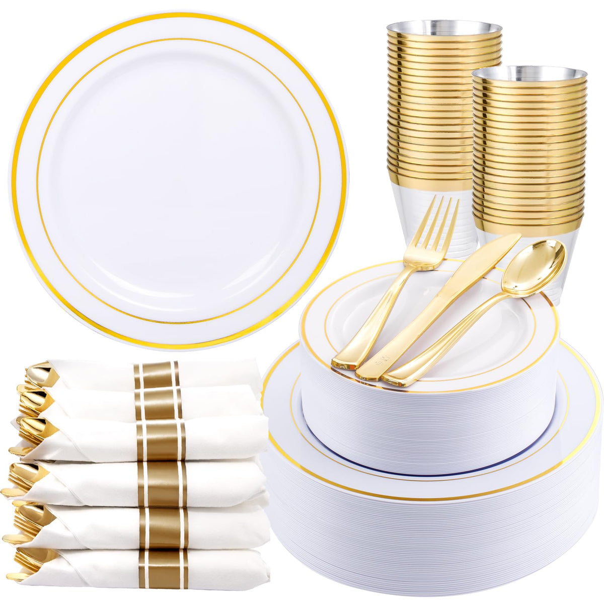 WDF Partyware 350-teiliges goldenes Essgeschirrset für 50 Gäste – goldene Plastikteller mit Einwegbesteck inklusive: 50 Speiseteller – 50 Dessertteller – 50 vorgerollte Servietten mit Besteck für Thanksgiving