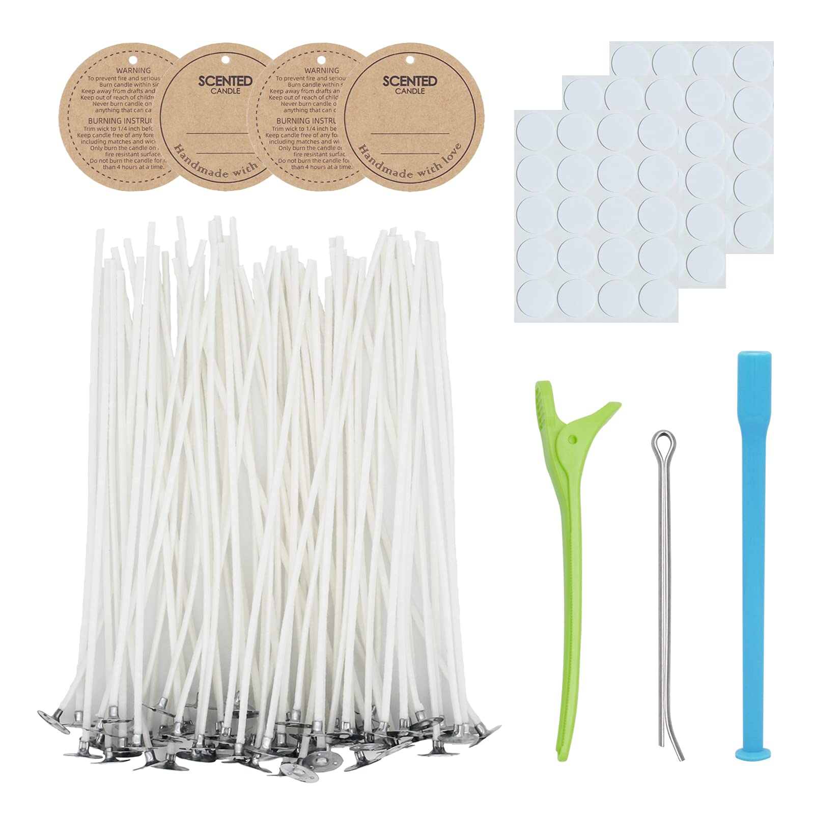 CandMak Candle Wick Kit - 60 Cotton Wicks with Candle Making Tools (Thick 4"+6"+8")