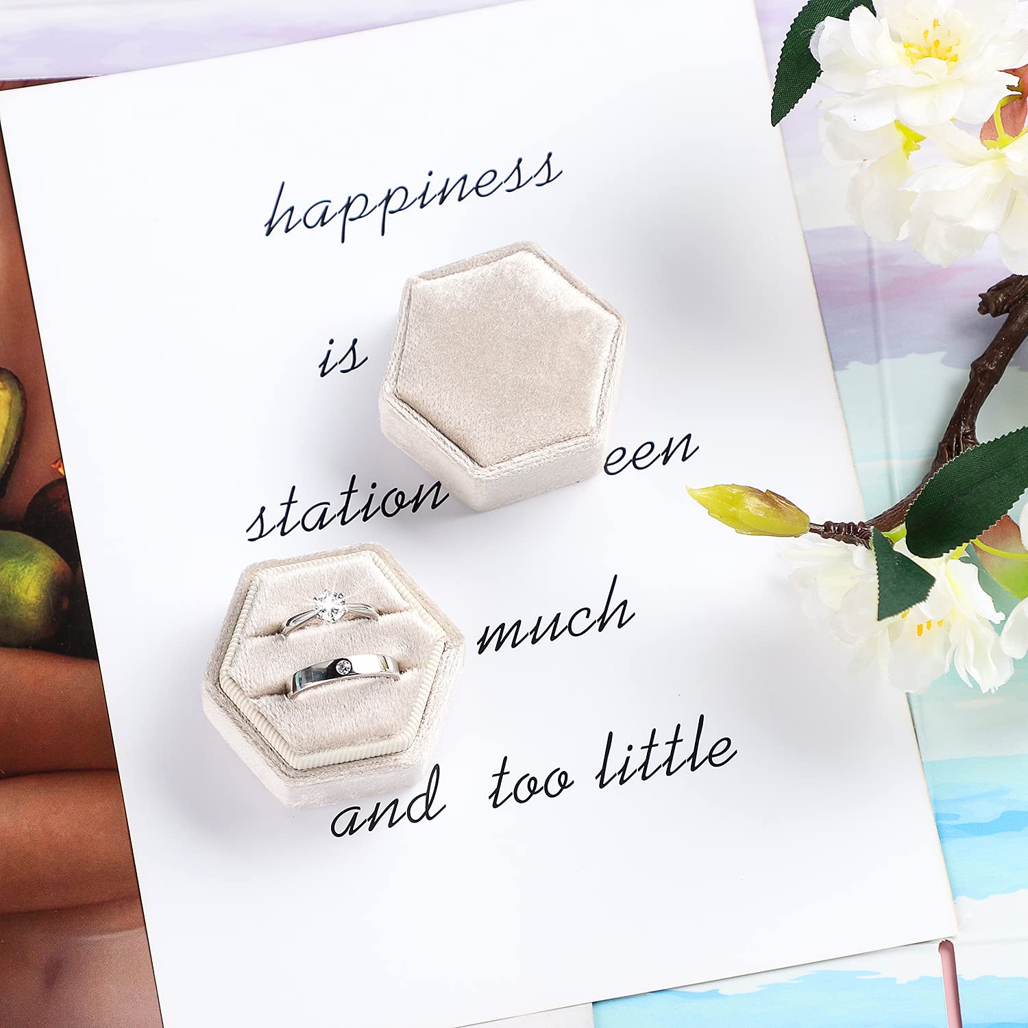 Etercycle Velvet Jewelry Ring Box, Hexagon Premium Gorgeous Vintage Double Ring Gift Box with Detachable Lid for Proposal Engagement Wedding Ceremony(Beige)