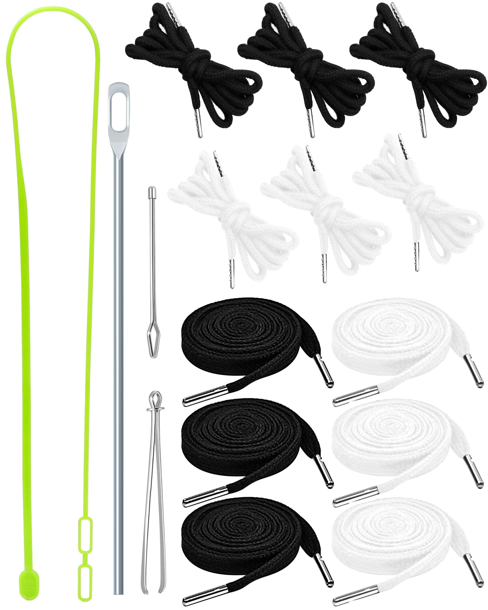 FIVEIZERO 16-teiliges Kordelzug-Set – 12 Hoodie-Kordeln (flach und rund, Schwarz und Weiß) mit Kordelzug-Einfädler-Werkzeugen, Bodkin, Seileinfädler – Kordelzug-Ersatz für Hosen, Shorts, Schuhe, Jogginghosen, Taschen