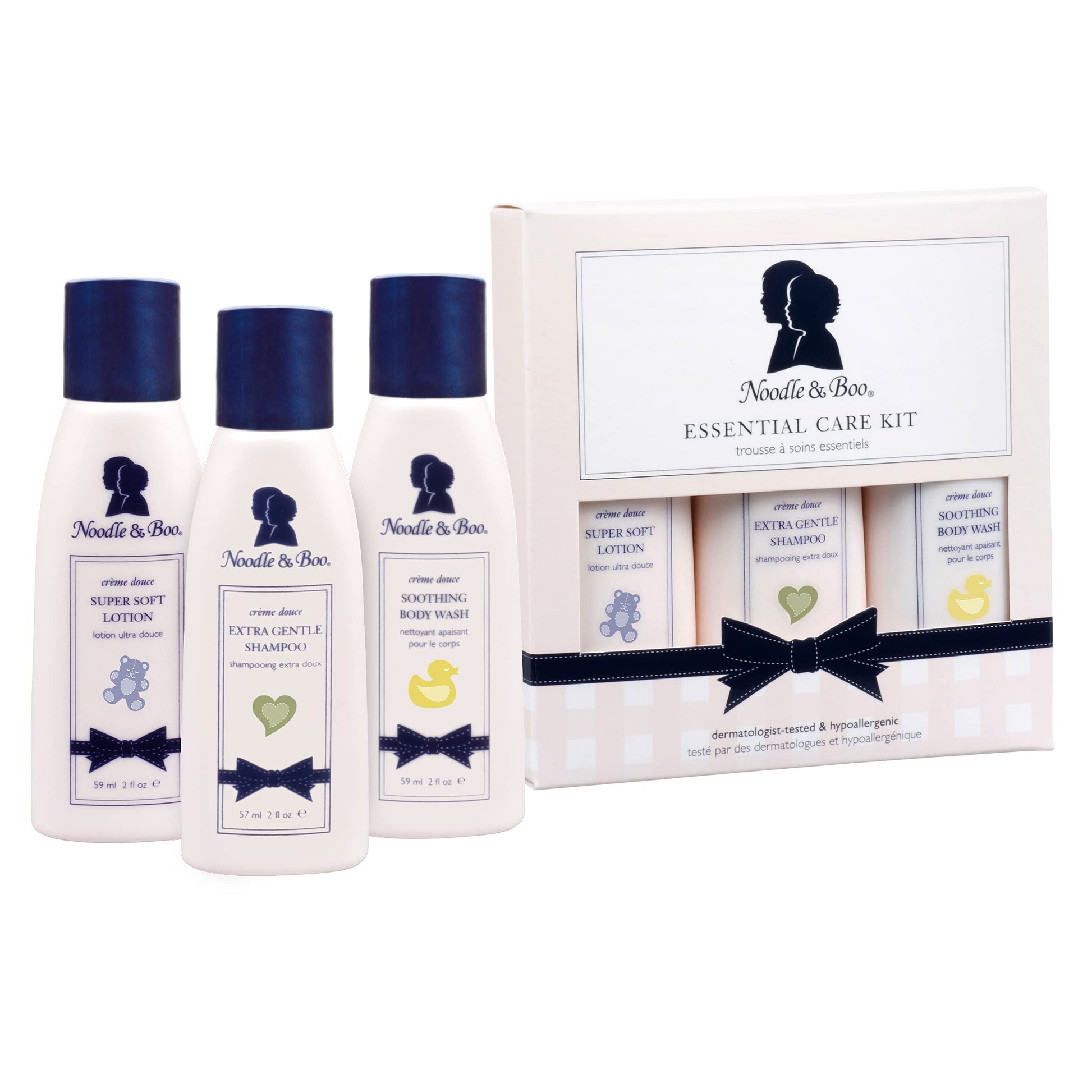Noodle & Boo Essential Care 3 Piece Kit Super Soft Baby Lotion, Extra Gentle Shampoo and Soothing Body Wash, 2 Oz of each