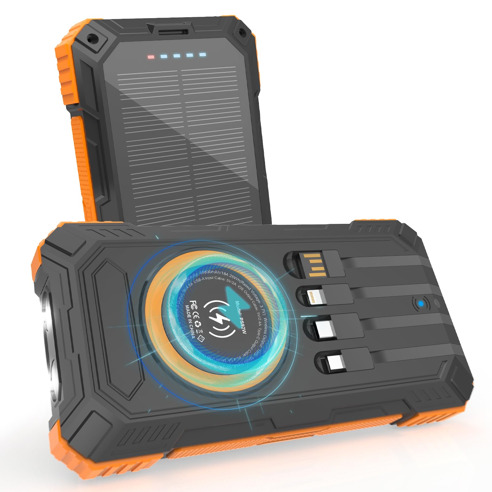 ERRBBIC Solarladegerät Powerbank 49800mAh, 22.5W Tragbares Ladegerät, 15W Kabelloses Laden, Solarpanel-Ladegerät, Integriertes Vierfachkabel, mit USB C für Mobiltelefone, mit Doppel-Taschenlampe zum Camping