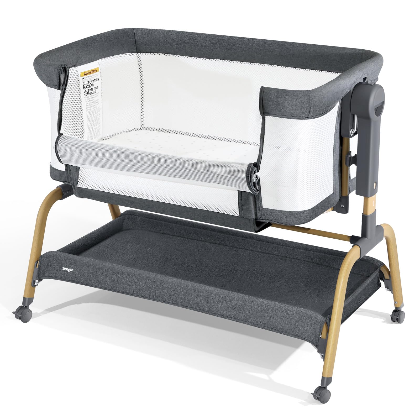 Jimglo 3 in 1 Baby Bassinet, Bedside Bassinet for Baby, Rocking Bassinet with Comfy Mattress and Wheels, 6 Height Adjustable Easy Folding Portable Bedside Crib for Newborn