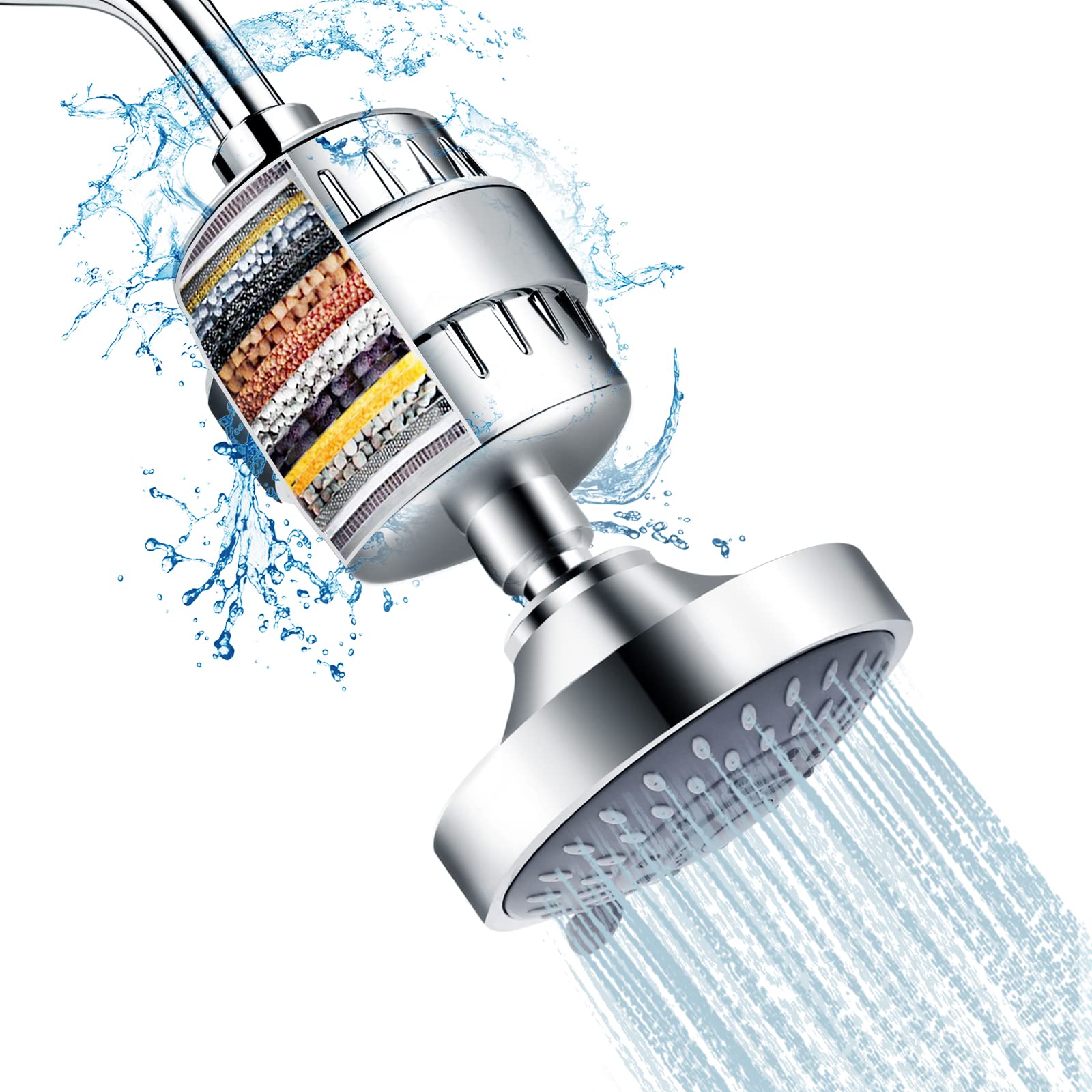 FEELSO Duschkopf und 15-Stufen-Duschfilter-Kombination, Hochdruck-Duschkopf mit 5 Strahlarten und Wasserenthärter-Filterkartusche für hartes Wasser, entfernt Chlor und schädliche Substanzen