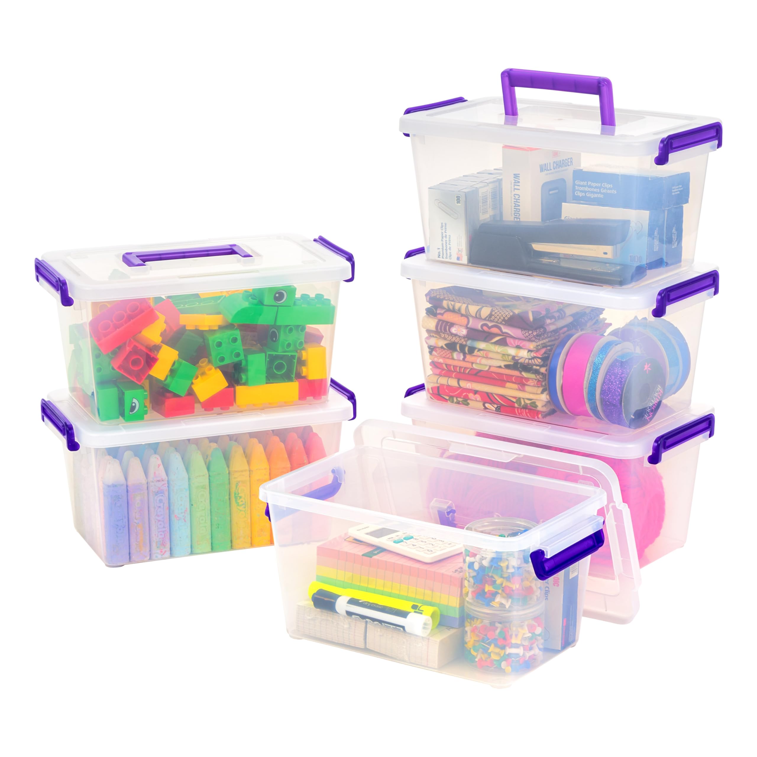 IRIS USA 5 Qt. Kunststoff-Bastelaufbewahrungsbehälter mit Deckeln, 6er-Pack, kleiner Kunst- und Bürobedarfs-Organizer, Sensorik-Boxen für Zuhause & Universität, stapelbar, Tragegriff, transparent