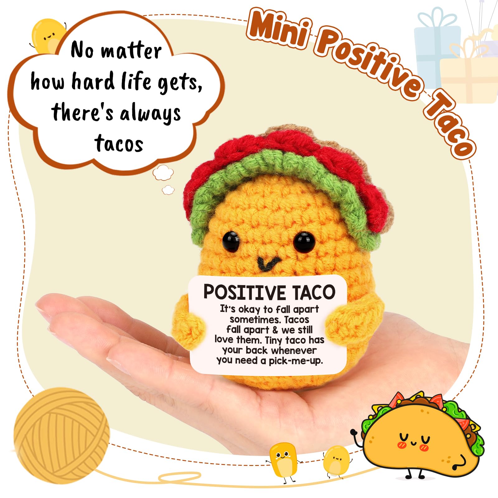 Positive Crochet Taco Christmas Birthday Gifts for Women Men Self Care Thanksgiving Basket Son Mom Dad Daughter Sister Friend Coworkers Relaxation Gift Desk Home Decor Emotional Inspirational Support