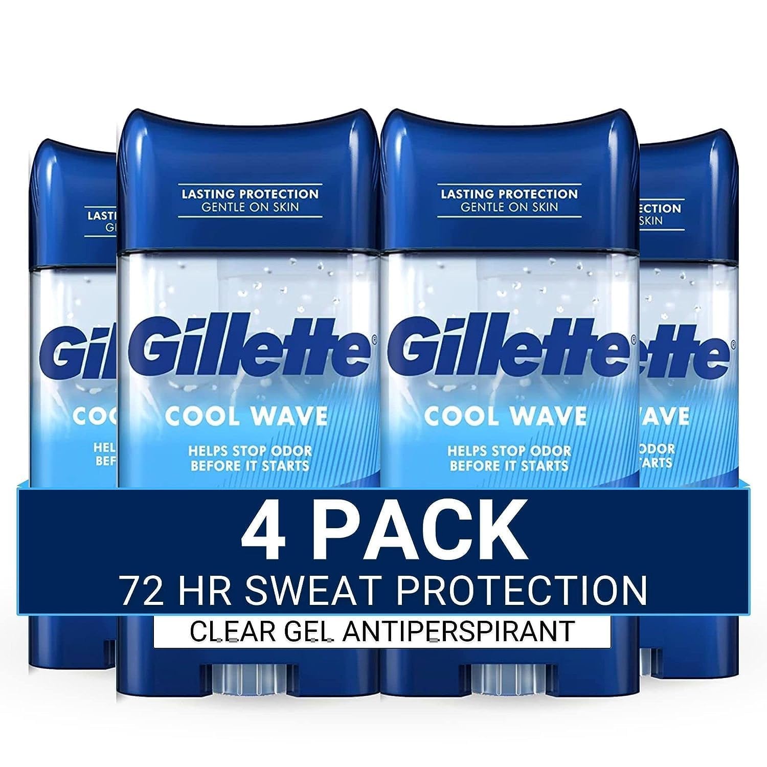 Gillette Antitranspirant und Deodorant für Männer, 72h Schweiß- und Geruchsschutz, lang anhaltende Frische, Anti-Weißflecken-Technologie, Transparentes Gel, Cool Wave Duft, 107 g (4er-Pack)