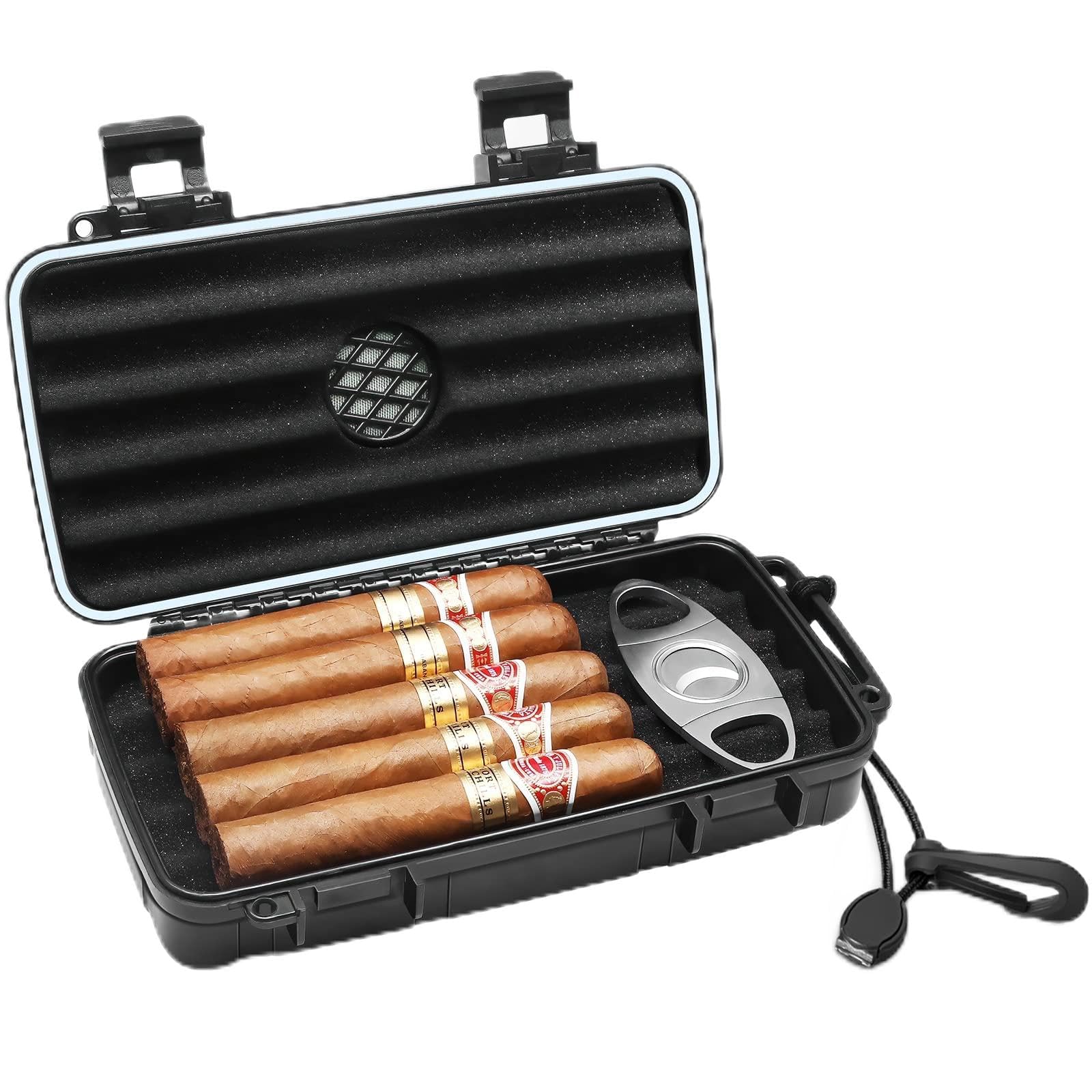 Flauno Reise-Zigarrenhumidor-Etui - Tragbare Zigarrenkiste mit Befeuchterscheibe & Zigarrenschneider | Wasserdicht | Bruchsicher | Luftdicht | Robust (Für bis zu 5 Zigarren)