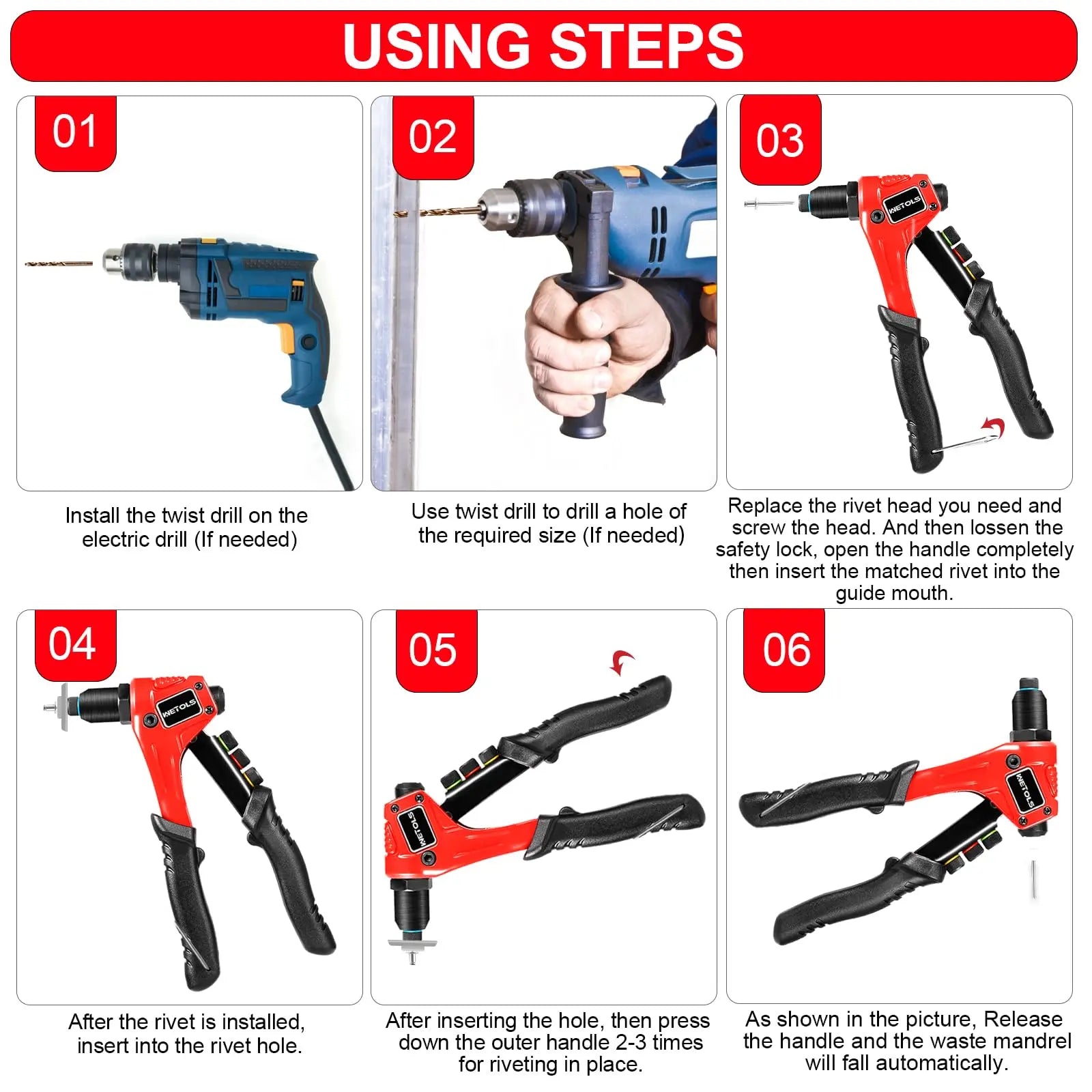 WETOLS Pop Rivet Gun Kit with 200 Blind Rivets, Upgraded Manual Single Hand Riveter with 4 Tool-Free Interchangeable Rivet Heads and 4 Drill Bits, Pop Rivet Tool Kit with Sturdy BMC Carrying Case