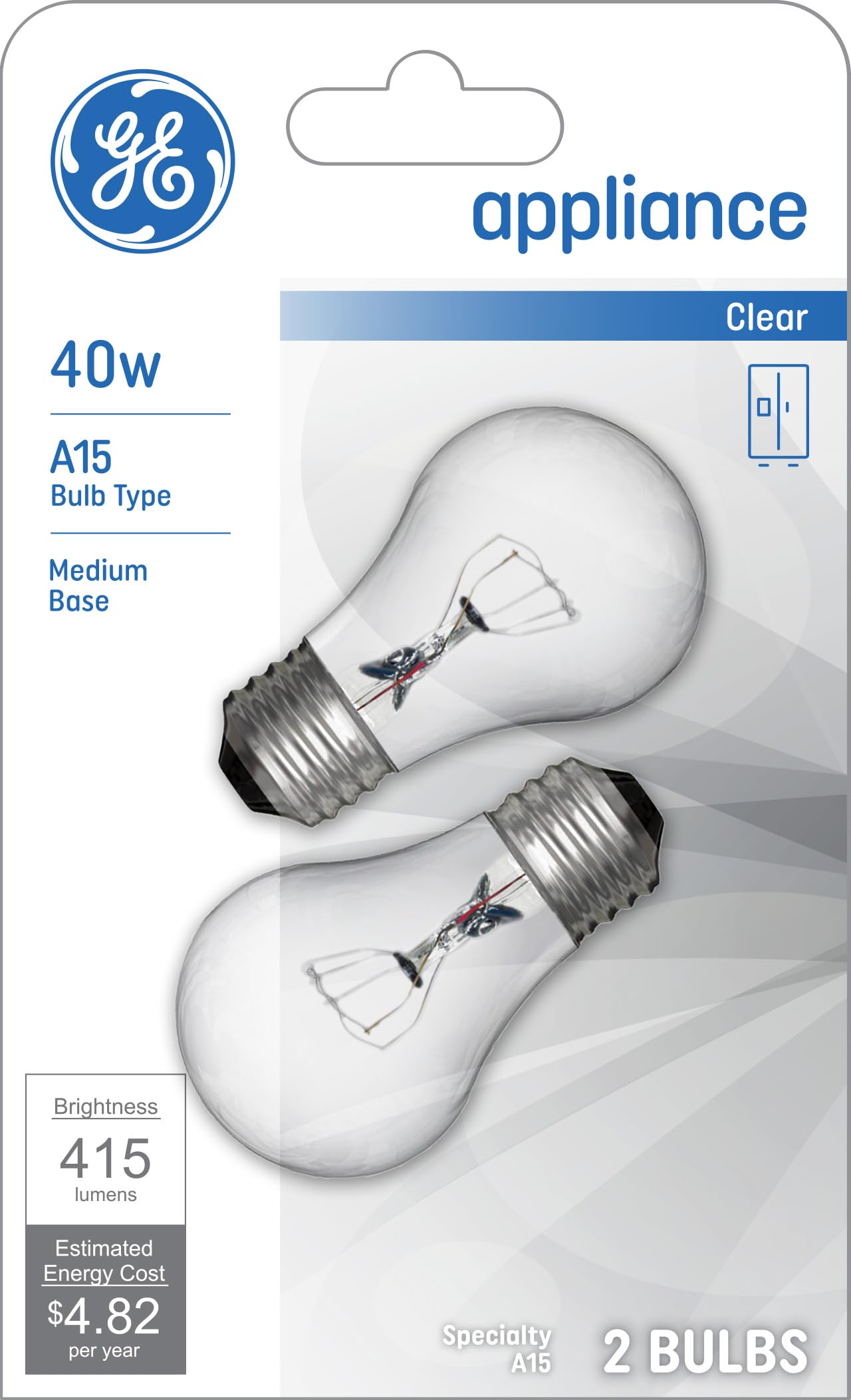 GE Haushaltsgerät-Glühbirne, klar, 40 W, A15-Lampentyp, E27-Sockel | 415 Lumen | 2 Stück pro Packung (1er-Pack)