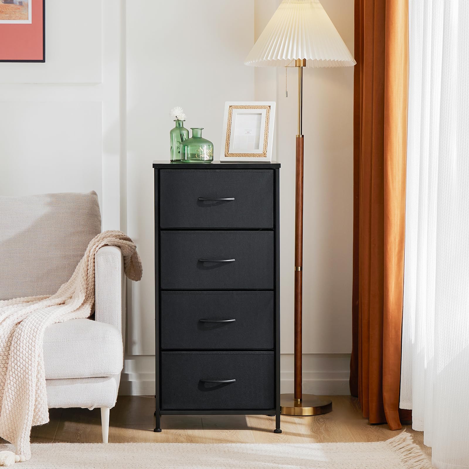Sweetcrispy Nightstand Small Bedroom Dresser with 4 Fabric Drawers, Bed Side Furniture End Table, Wooden Top Cabinet Night Stand Dresser for Closet, Entryway, Dorm, Black