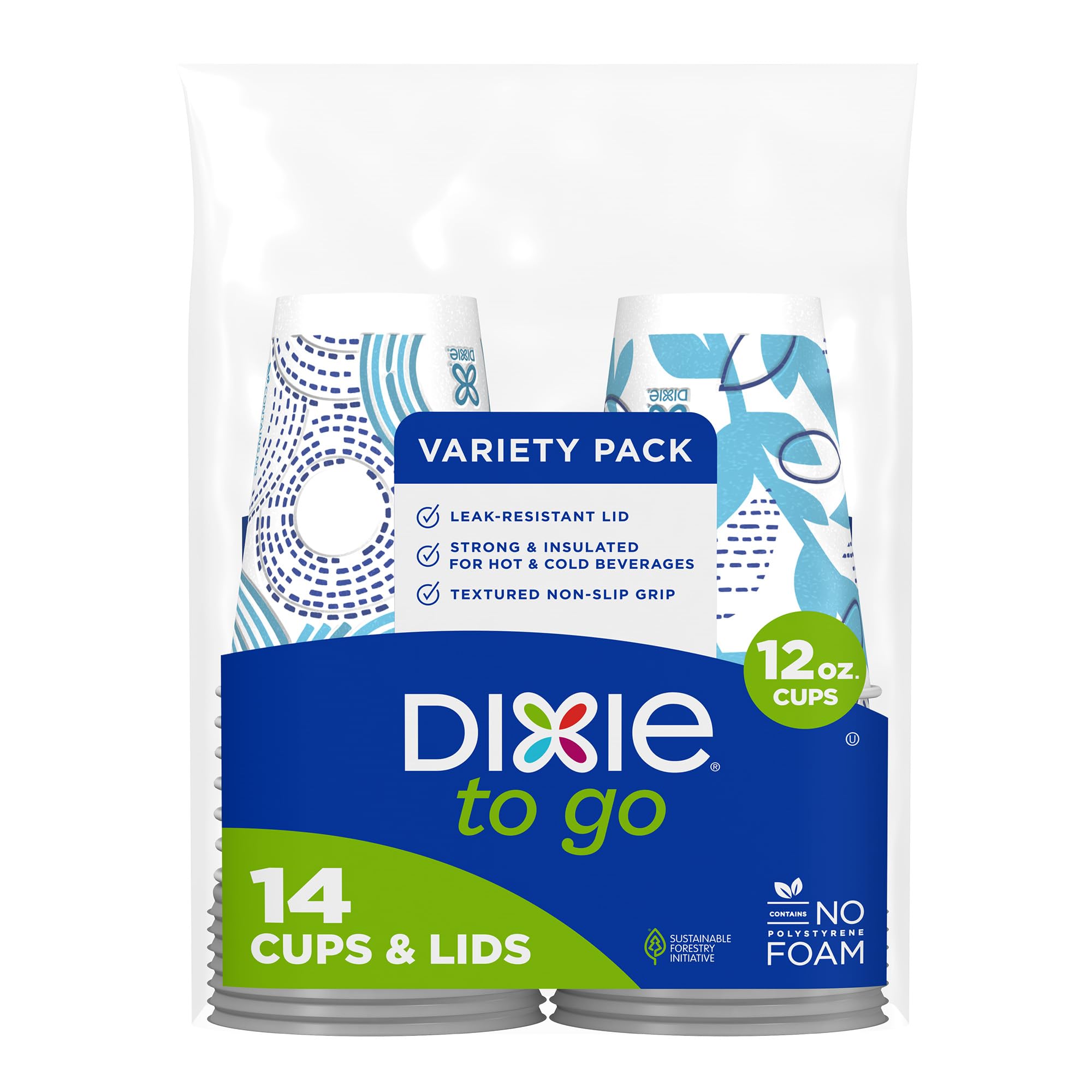 أكواب قهوة ورقية Dixie To Go مع أغطية، سعة 12 أونصة، 14 قطعة، أكواب ورقية عازلة للاستعمال مرة واحدة للمشروبات الساخنة أو الباردة أثناء التنقل