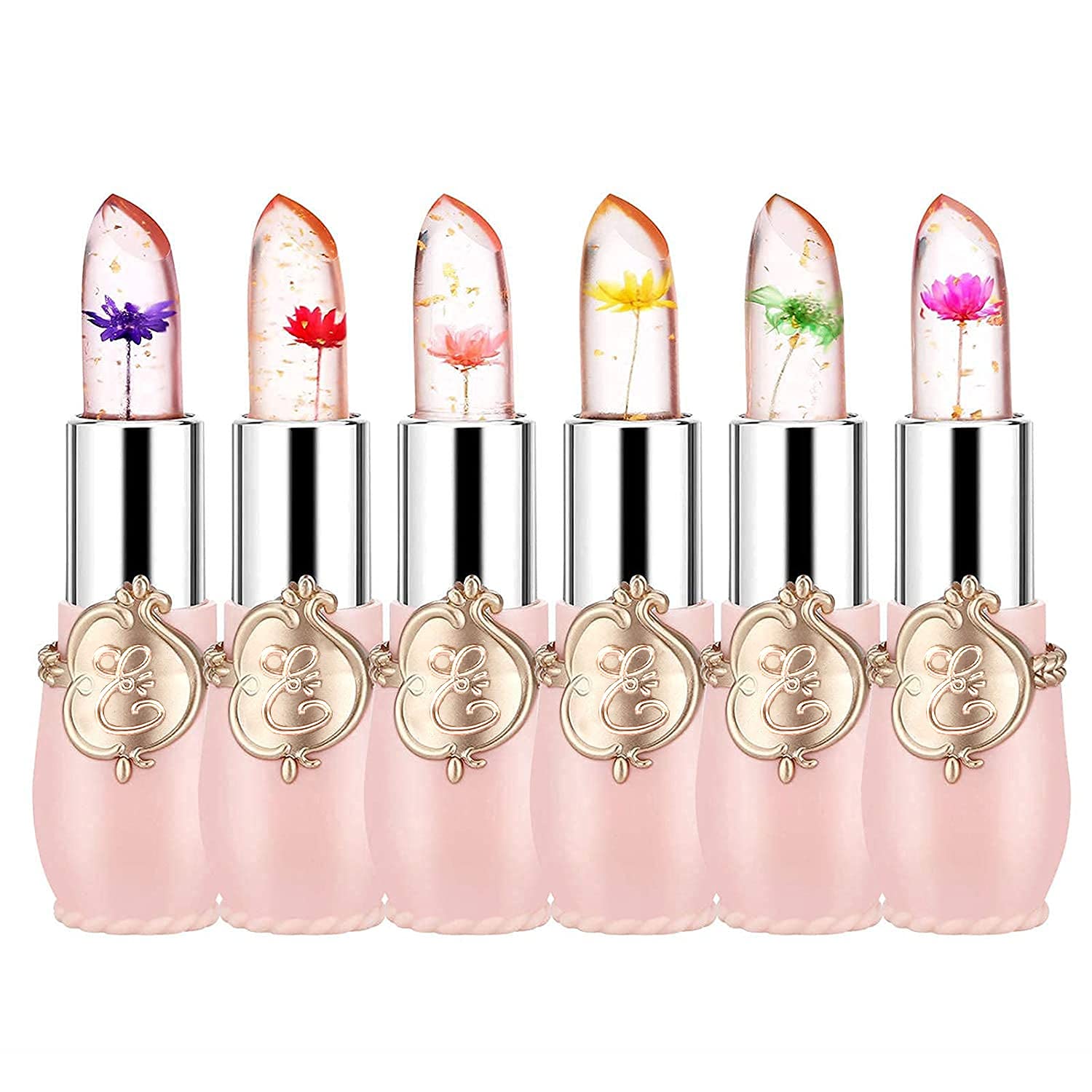 firstfly 6er-Pack Kristallblumen-Gelee-Lippenstift, langanhaltender nährender Lippenbalsam Lippenfeuchtigkeitspflege Magische Temperatur Farbwechsel-Lipgloss (Rosa)
