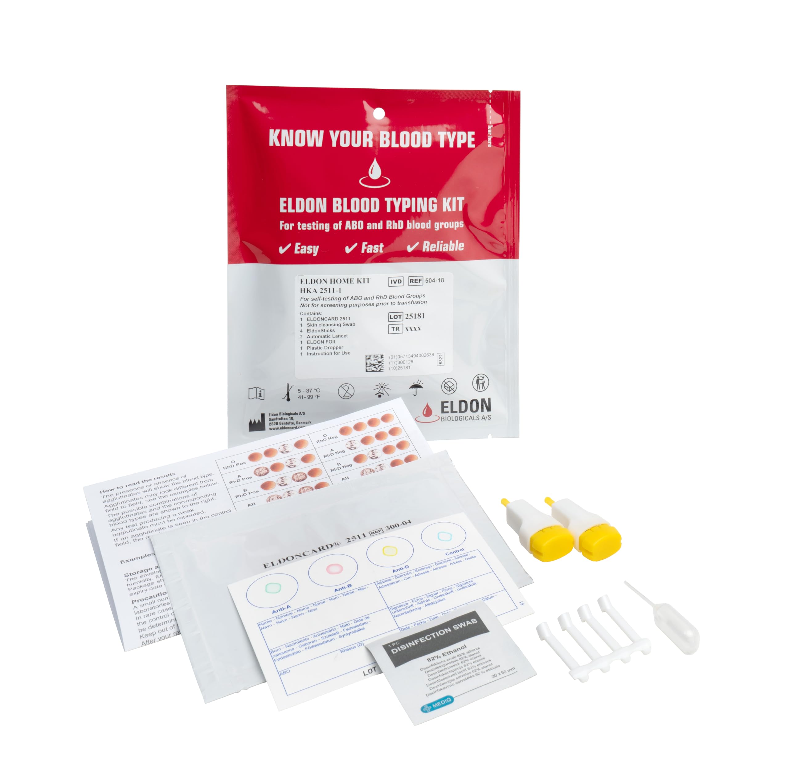 Eldoncard INC Blutgruppentest (Komplett-KIT) - Finden Sie heraus, ob Sie A, B, O, AB & RH sind - Ergebnisse in Minuten - Luftdicht verschlossener Umschlag, Sicherheitslanzette, Mikropipette, Reinigungsstäbchen - 1 Packung