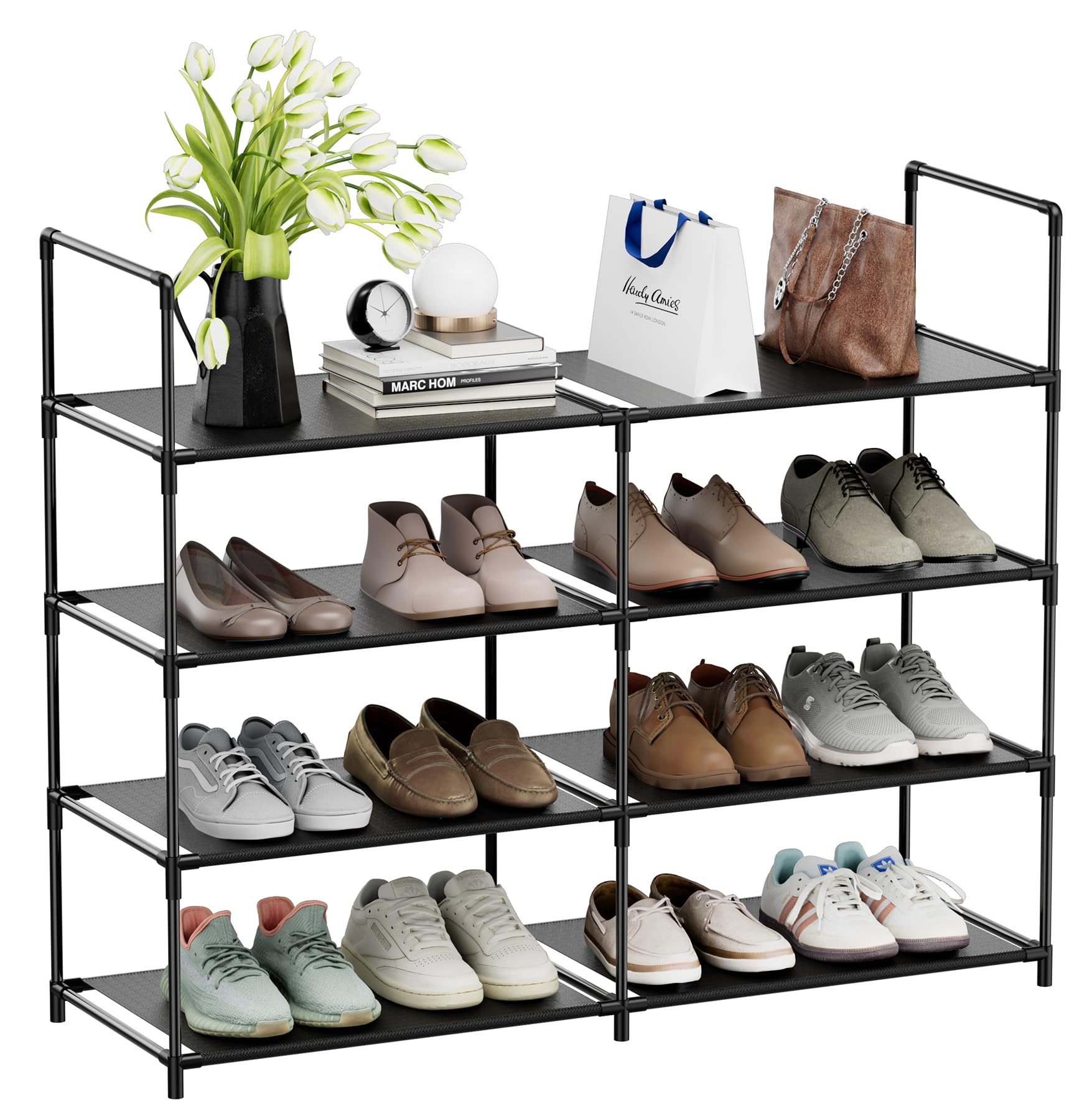 FIDUCIAL HOME Schuhregal mit 4 Etagen, für 16–20 Paar Schuhe, stapelbar, langlebig, für Schrank und Eingangsbereich, Schwarz