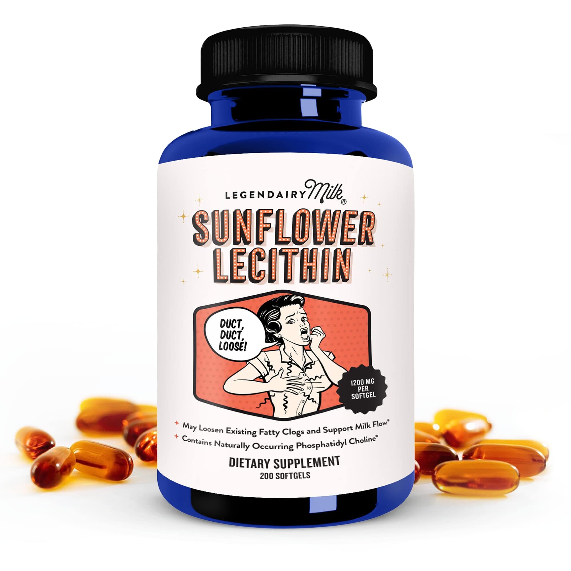 Legendairy Milk Sunflower Lecithin 1200mg, Lactation Support, Sunflower Lecithin Supplement for Clogged Milk Ducts, Made in USA, 200 Softgels