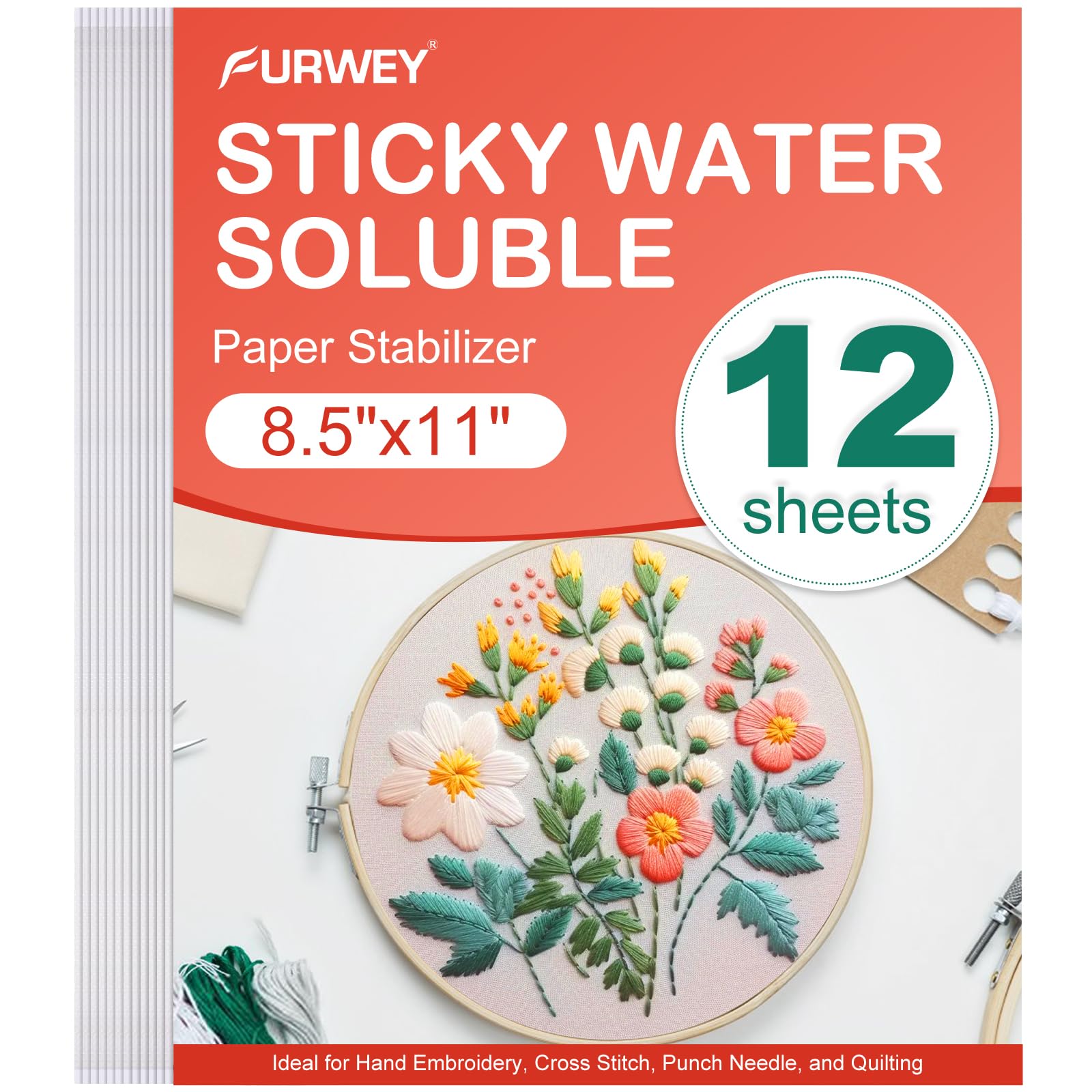 FURWEY 12 STÜCK 8,5"x11" klebriger, wasserlöslicher Stickvlies bedruckbares Papier auswaschbarer Stickvlies zum Drucken oder Zeichnen von Mustern mittleres Gewicht für Hand- und Maschinenstickerei