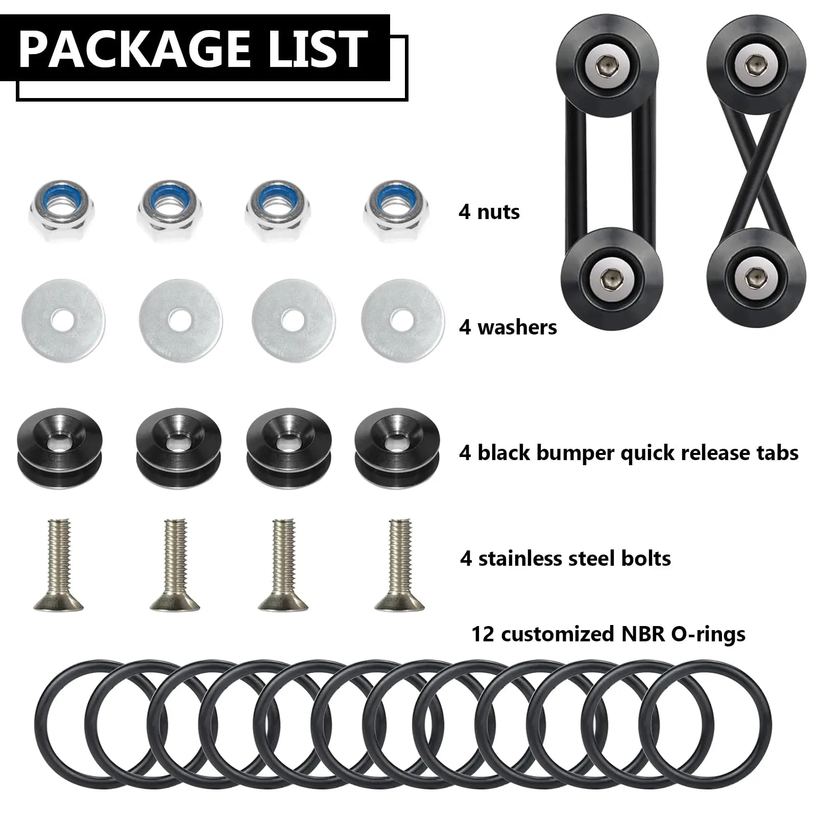 BFXM Universal Bumper Clips, Front Rear Bumper Quick Release Kit, Bumper Holders for Cars (4 Black Bumper Quick Release Tabs and 12 Customized O-Rings)