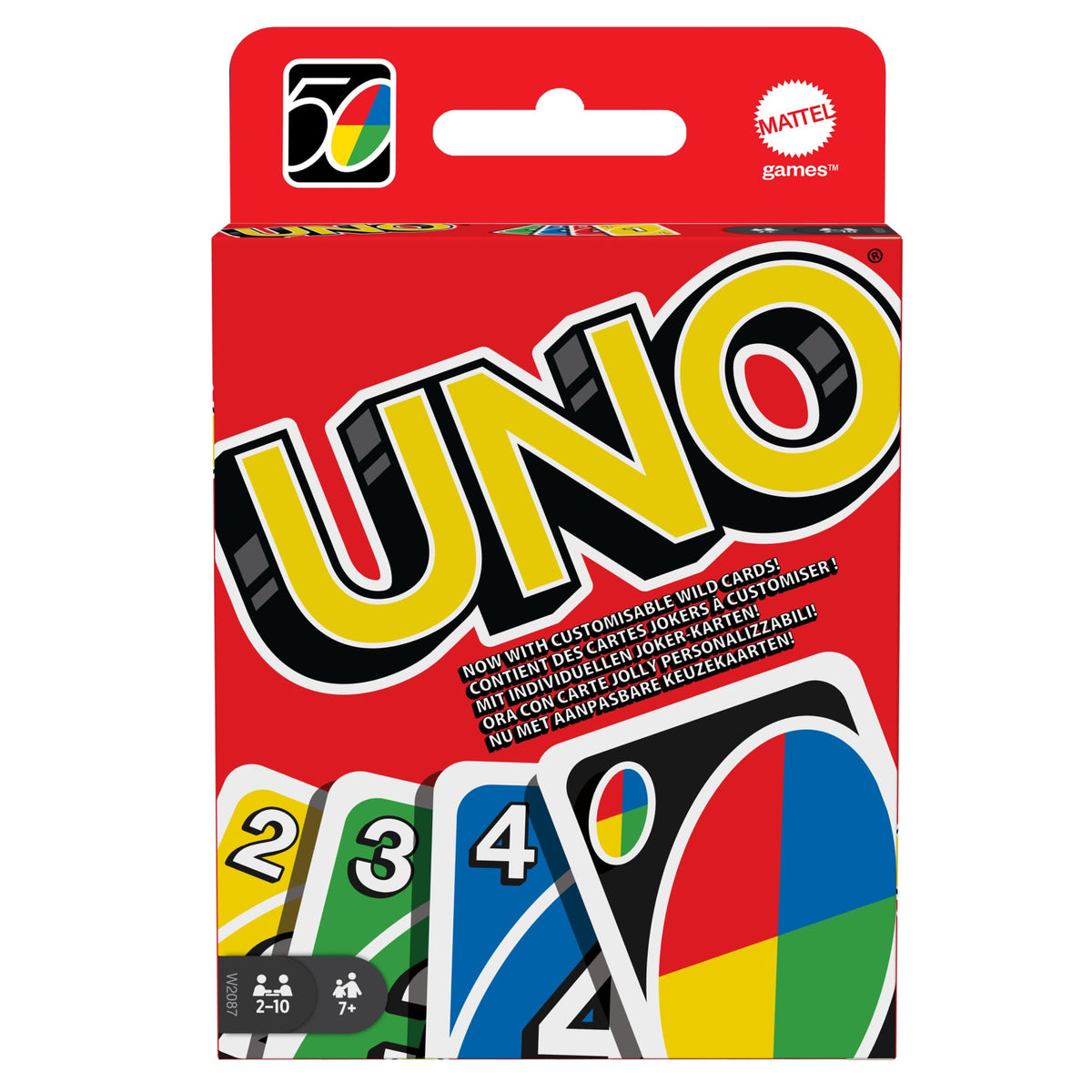 UNO - Klassisches Karten-Farb- und Zahlen-Zuordnungsspiel - 112 Karten - Anpassbare und löschbare Wild Cards - Spezielle Aktionskarten enthalten - Geschenk für Kinder ab 7 Jahren, W2087