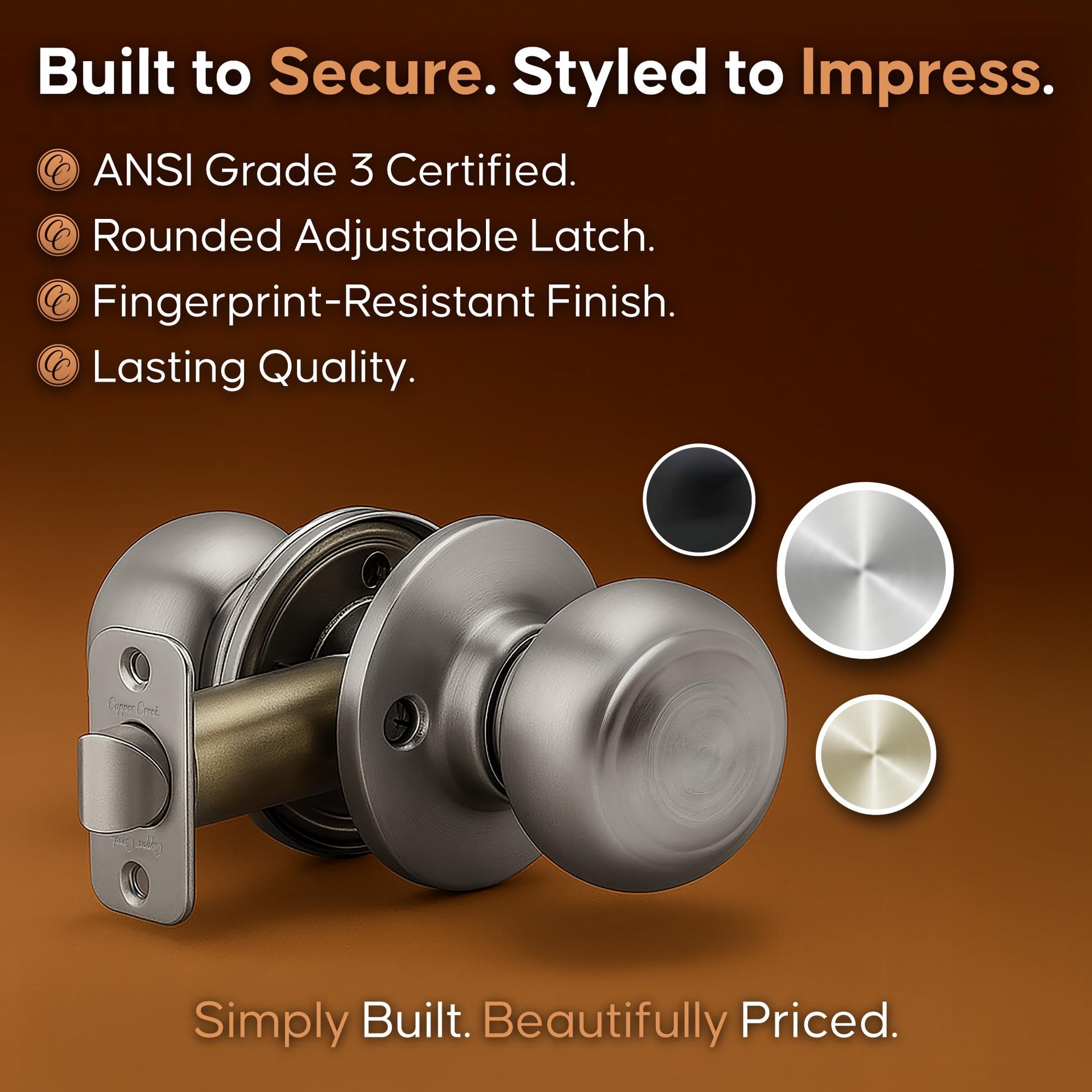 Copper Creek Colonial Passage Interior Door Knob – ANSI Grade-3 Certified, Modern Heavy Duty Handle, Easy Install and Reversible for Bedroom, Bathroom and Closets – Satin Stainless (1 Pack)