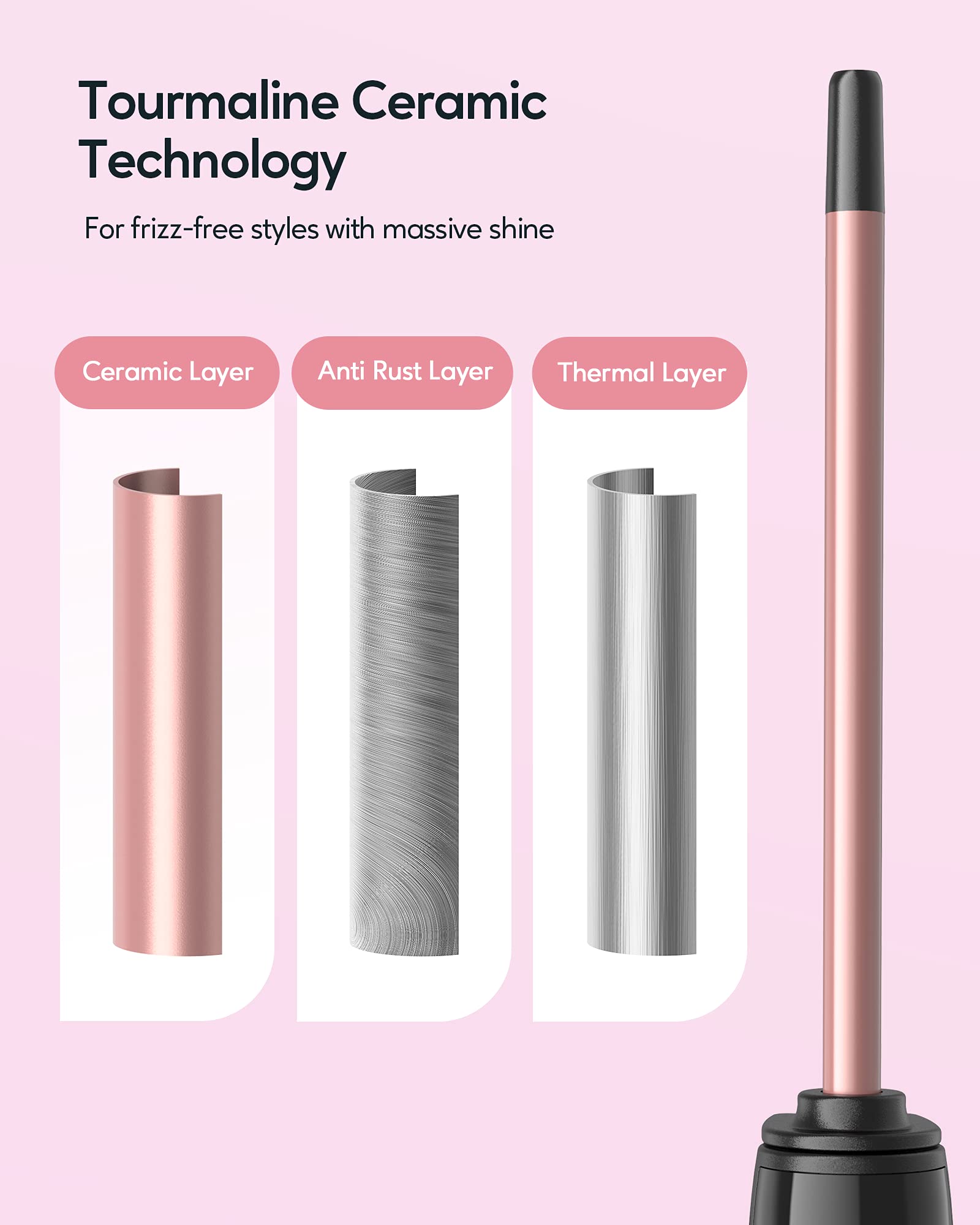 Wavytalk 3/8 Inch Small Curling Iron Wand for Short & Long Hair, Ceramic Barrel with Adjustable Temperature, Heat Resistant Glove Included (Rose Pink)