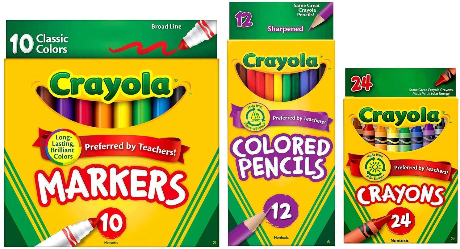 Crayola Klassik-Bundle: 3 Artikel – Buntstifte (24 Stück), Dicke Filzstifte (10 Stück), Farbstifte (12 Stück)