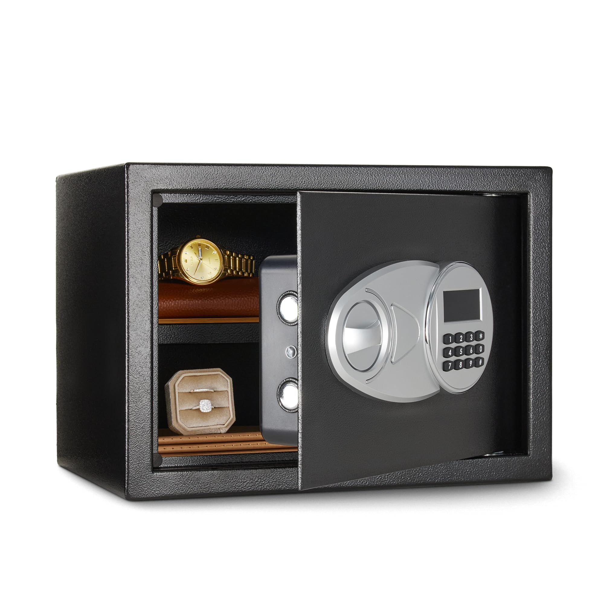 Amazon Basics Steel Security Safe and Lock Box with Electronic Keypad, for Cash, Jewelry, Documents, Black, 0.5 Cubic Feet, 13.8" W x 9.8" D x 9.8" H