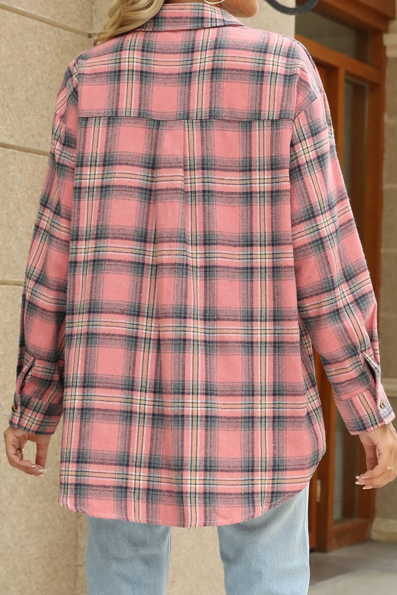 CHYRII Womens Button Down Flannel Shirts Long Sleeve Plaid Shacket Business Casual Blouse Topss Pink -7122 L