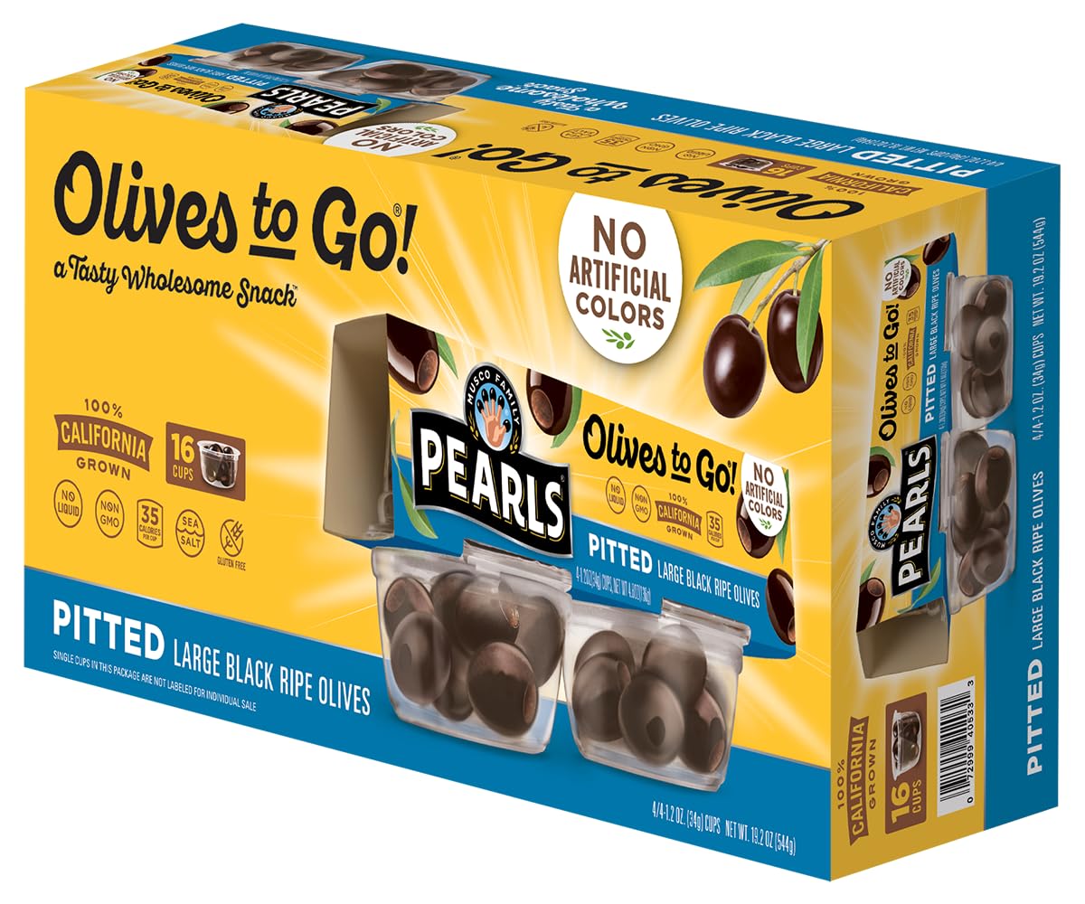 Pearls Olives To Go! Große reife entsteinte Oliven, Packung mit 16, 34 g Becher