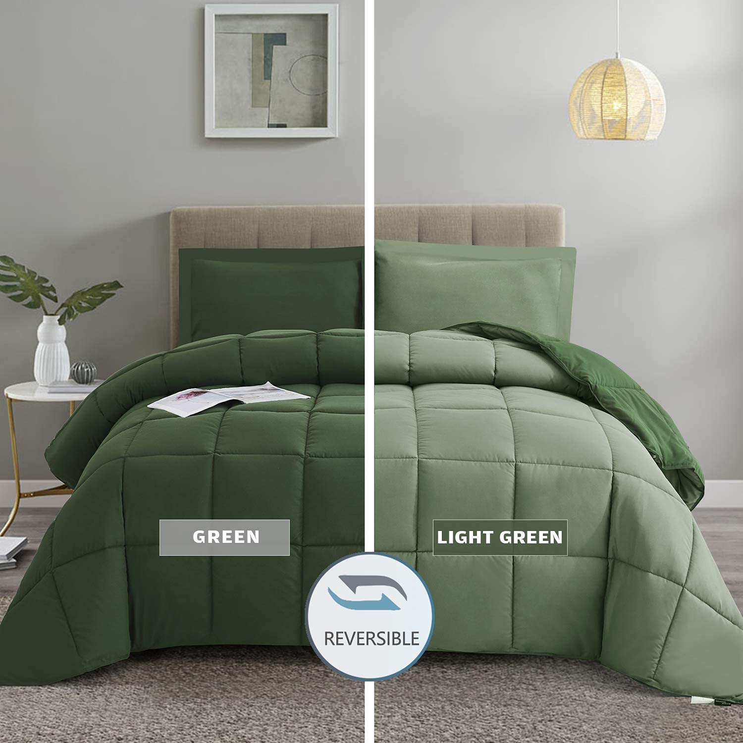 HIG 3pc Green Queen Comforter Set Duvet Insert, Reversible, All Season, Box Stitched, with Corner Tabs, Soft, Fluffy