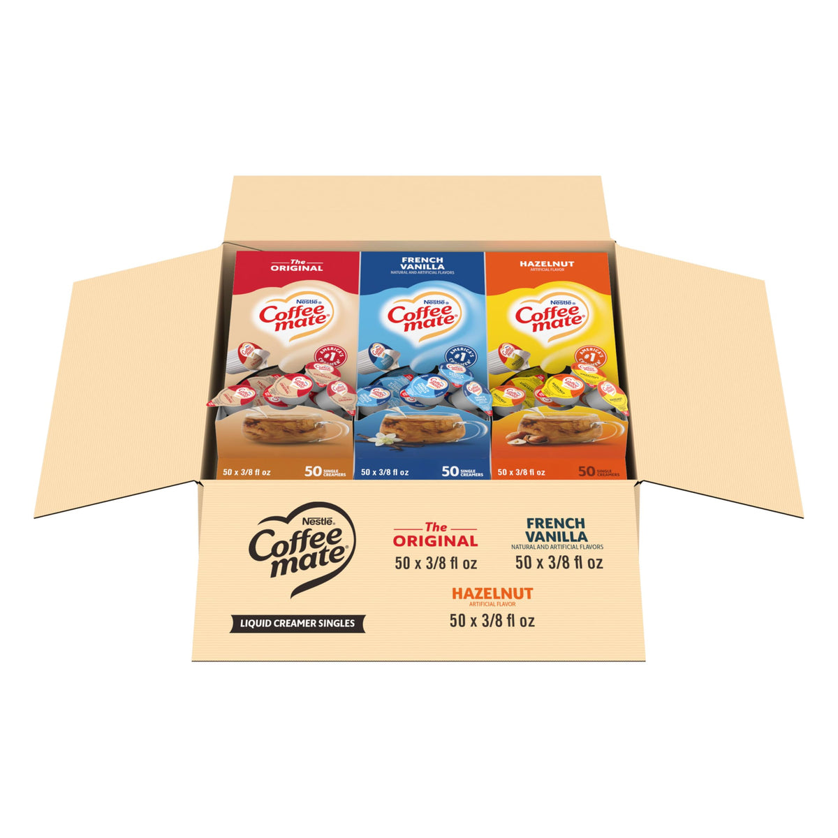 Nestle Coffee mate Creamer Singles Variety Pack, Original, French Vanilla, Hazelnut, Non Dairy, No Refrigeration, 0.375 fl oz Tubs, 150 Count (Pack of 50 Per Flavor)