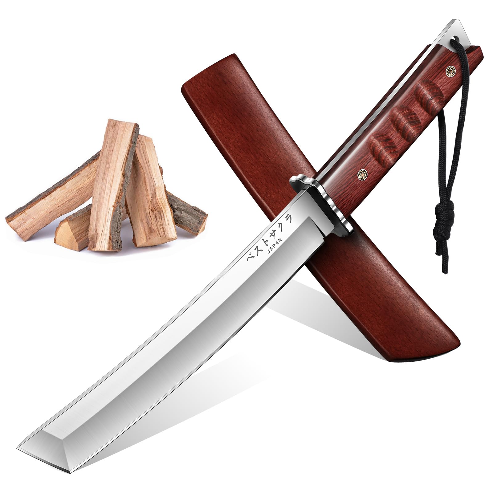 DRGSKL Japanisches feststehendes Messer – Tanto-Messer mit Holzscheide – Überlebensmesser mit durchgehendem Erl – Bushcraft-Messer für Camping und Outdoor, Geschenke für Männer