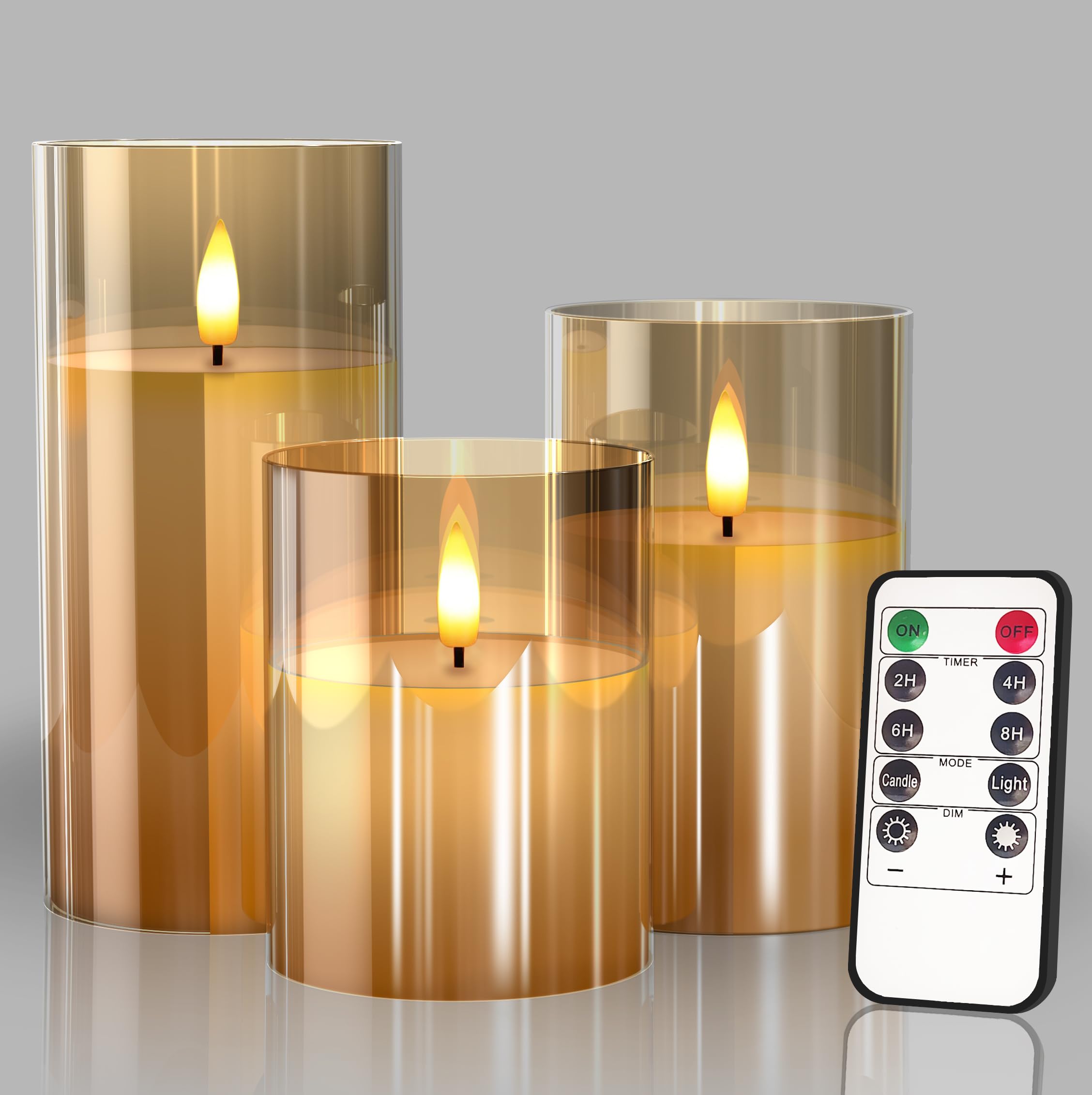 Batteriebetriebene LED-Kerzen aus Glas, flammenlos, mit Fernbedienung und Timer, Echtwachs-Kerzen mit warmweißem Flackerlicht für Festival, Hochzeit, Hausparty-Deko (3er-Pack) – Gold