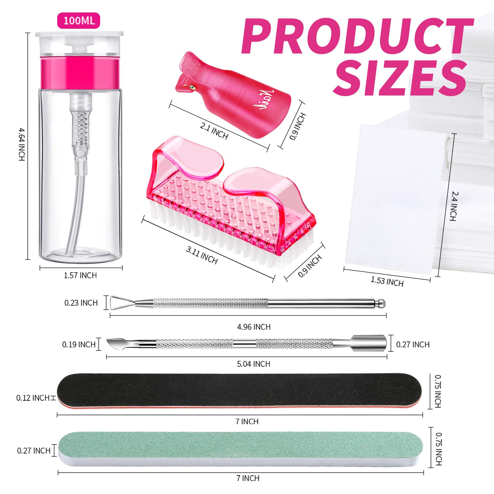 FANDAMEI Nail Polish Gel Remover Tools Kit with Nail Clips, 100ml Nail Polish Remover Bottle, 500 Nail Remover Cotton Pad, Nail Brush, Cuticle Pusher/Peeler, 100/180 Nail File,Buffer Block