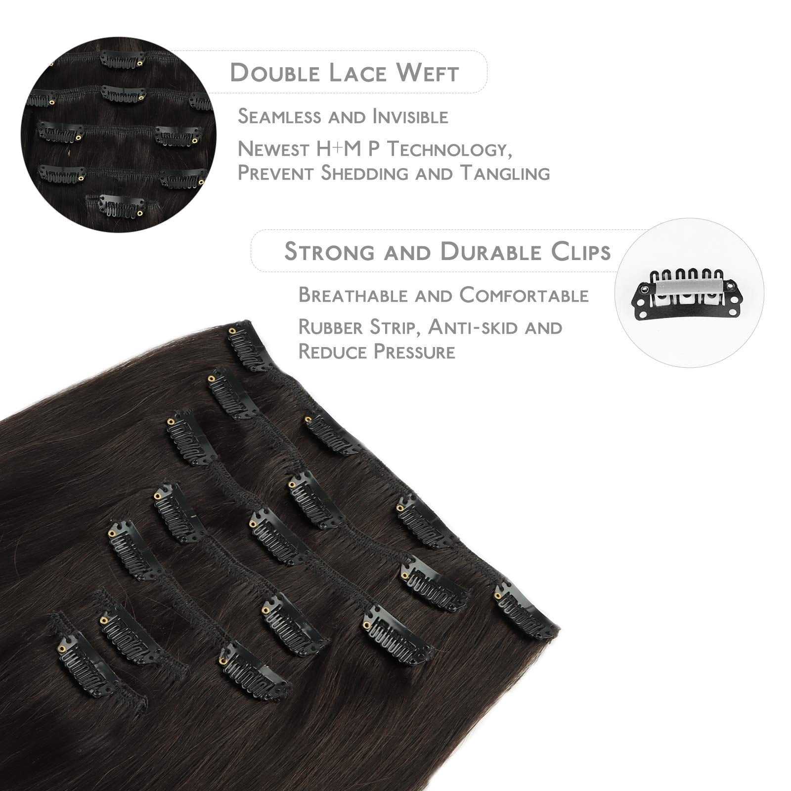 WENNALIFE Clip in Hair Extensions Real Human Hair, 18 Inch 120g 7pcs Human Hair Extensions Clip Ins, Dark Brown Coloured Remy Hair