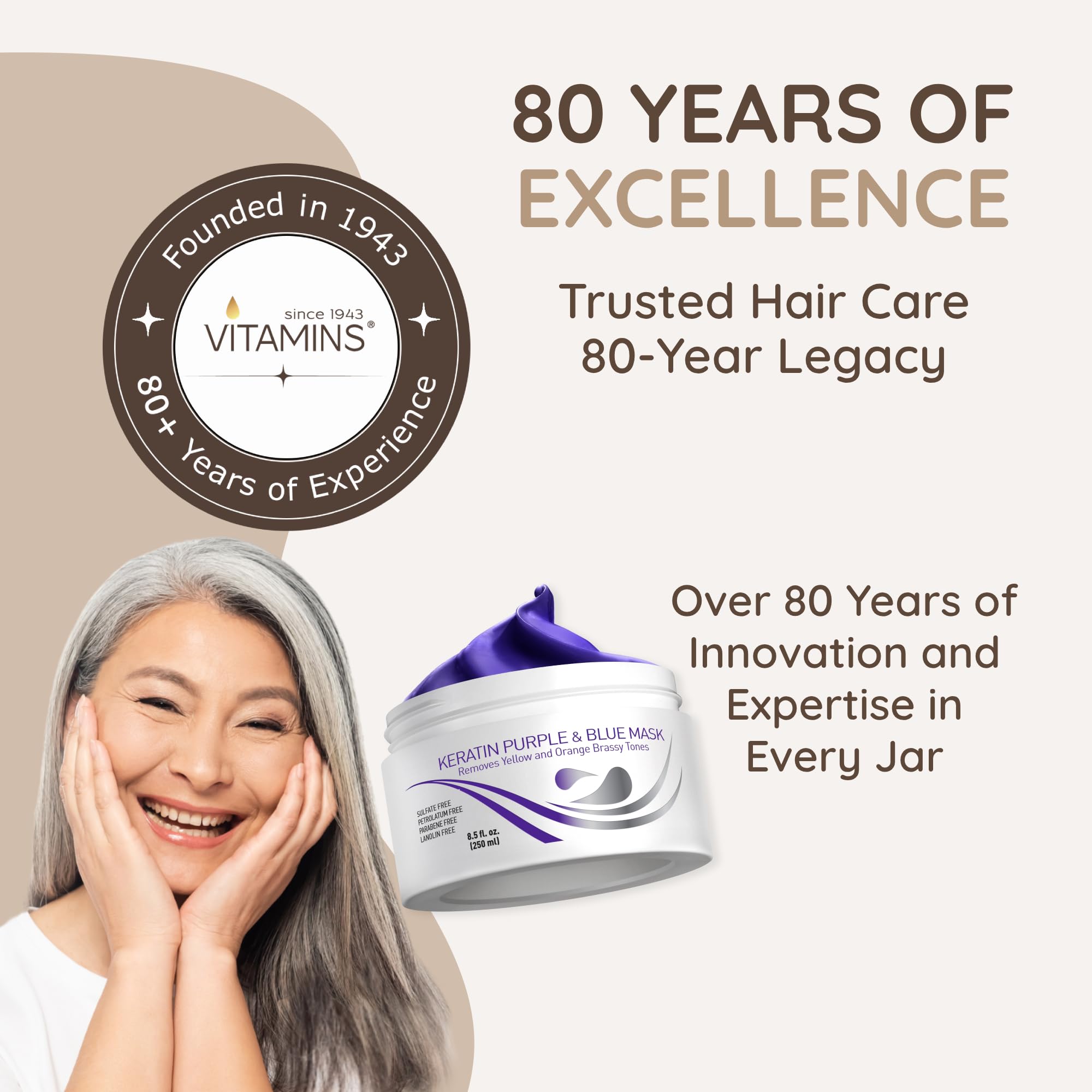 VITAMINS hair cosmetics Keratin Purple Hair Mask - Blue Hair Mask Deep Conditioner Treatment - Blonde Toner to Neutralize Brassiness in Brassy Blonde, Silver, White, Gray & Brown Locks