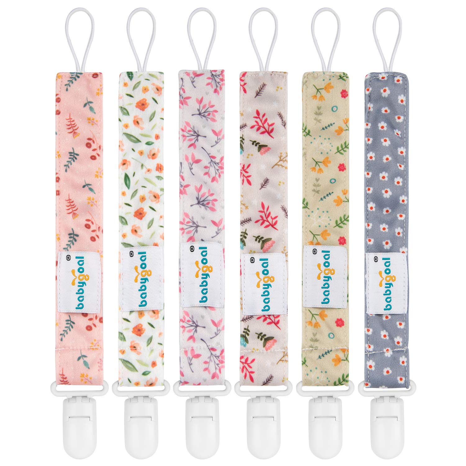Babygoal Floral Pacifier Clips, 6 Pack Binky Paci Holder Clips and Leash for Boys and Girls Fits for Most Pacifier, Binkie Styles & Baby Teethers & Toys and Gift 6PS21