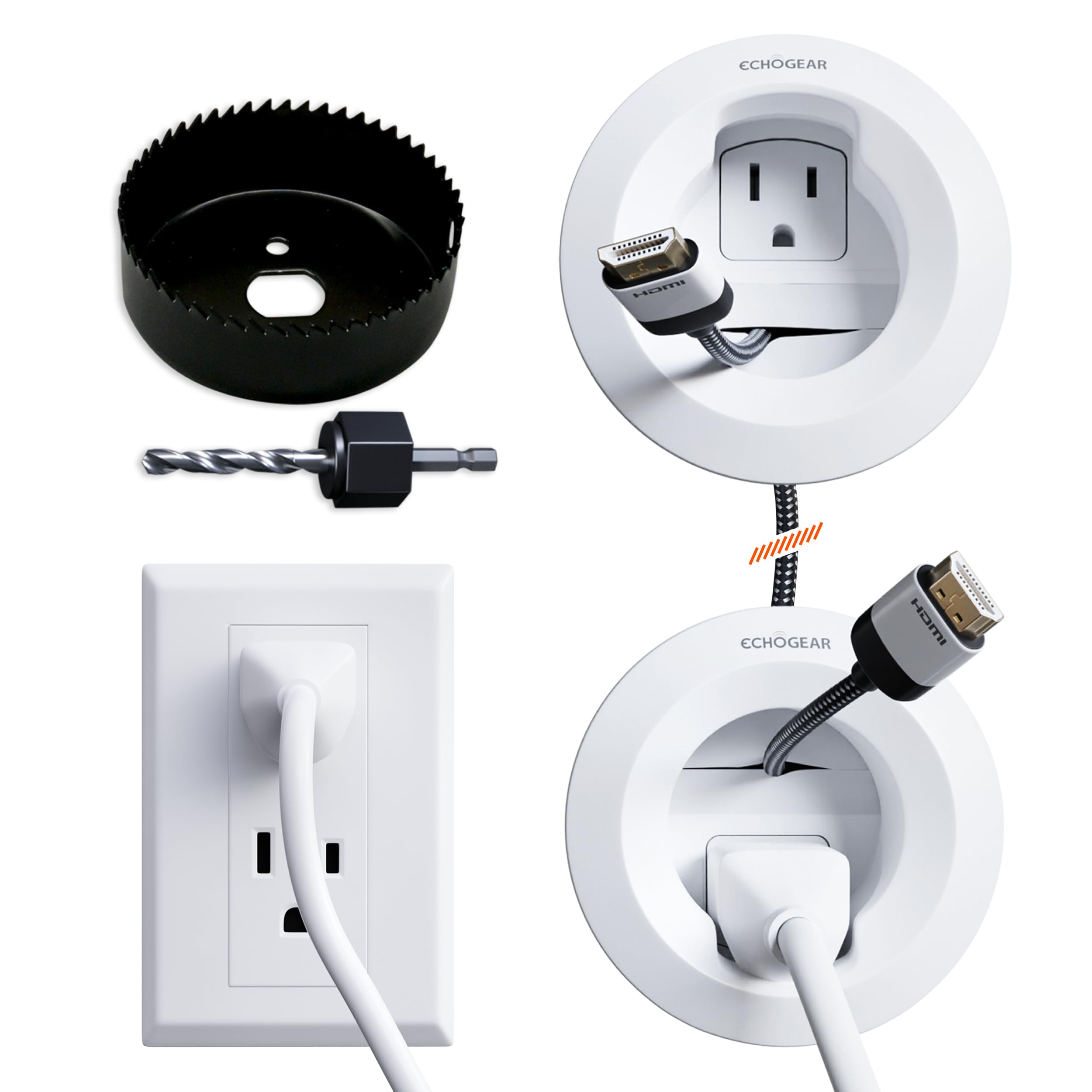 ECHOGEAR In-Wall-Kabelmanagement-Kit für Strom- und Niederspannungskabel – Verstecken Sie TV-Kabel hinter der Wand – Enthält Module mit 9,5 cm Durchmesser x 8,3 cm Tiefe, 1,8 m Verlängerungskabel, Lochsägenaufsatz für Trockenbauwände