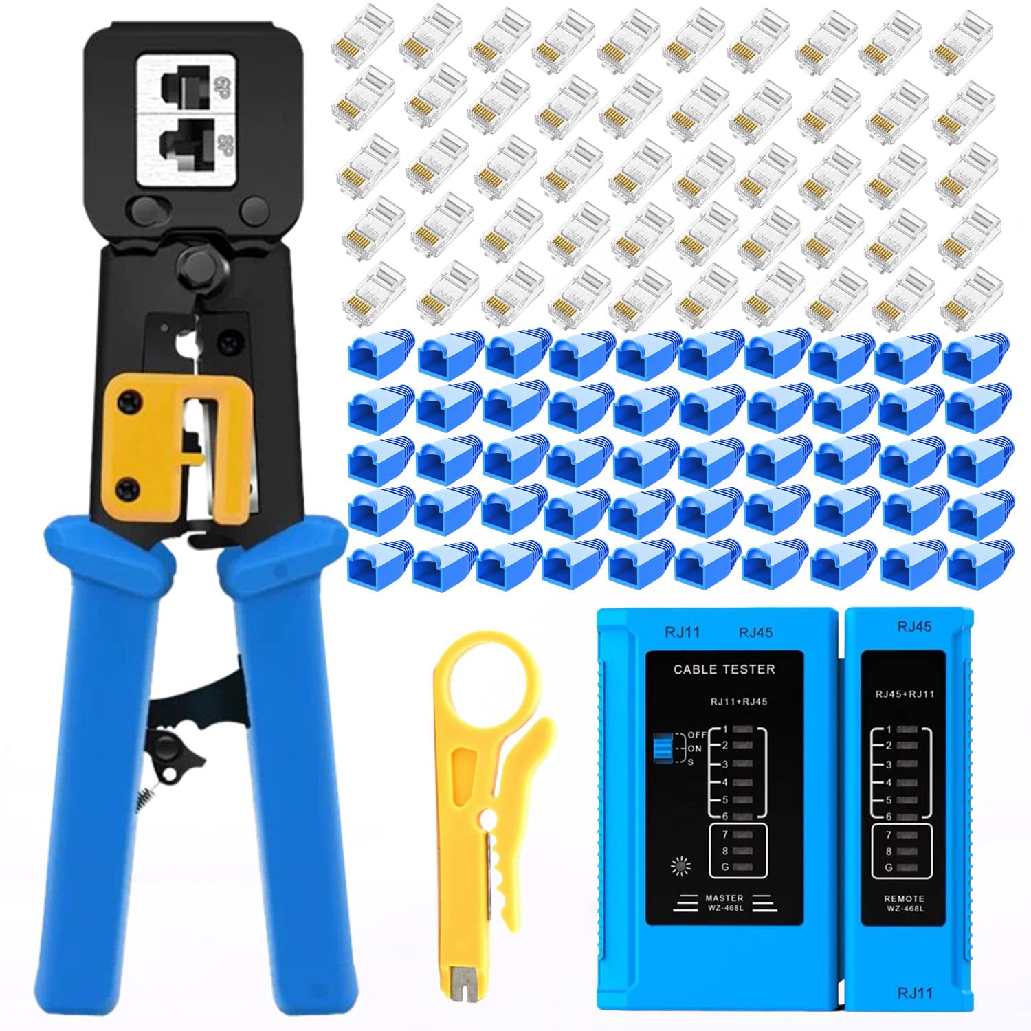 Gaobige RJ45 Crimpzange für Cat6 Cat5e Cat5, robuste Crimpzange für RJ45 RJ12/11 Pass-Through Stecker mit 50 Stück RJ45 Cat5e Pass-Through Steckern, 50 Stück Kappen, Abisolierzange; Netzwerkkabeltester