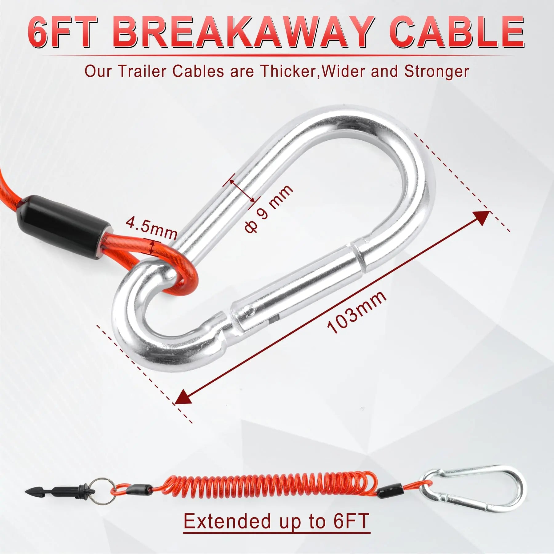 JUSTTOP 6FT Breakaway Trailer Cable,Heavy Duty Stainless Steel Spring Towing Coiled Wire,Emergency Brake Wire Camper Safety Breakaway Cable with Pin,RV Trailer Accessories