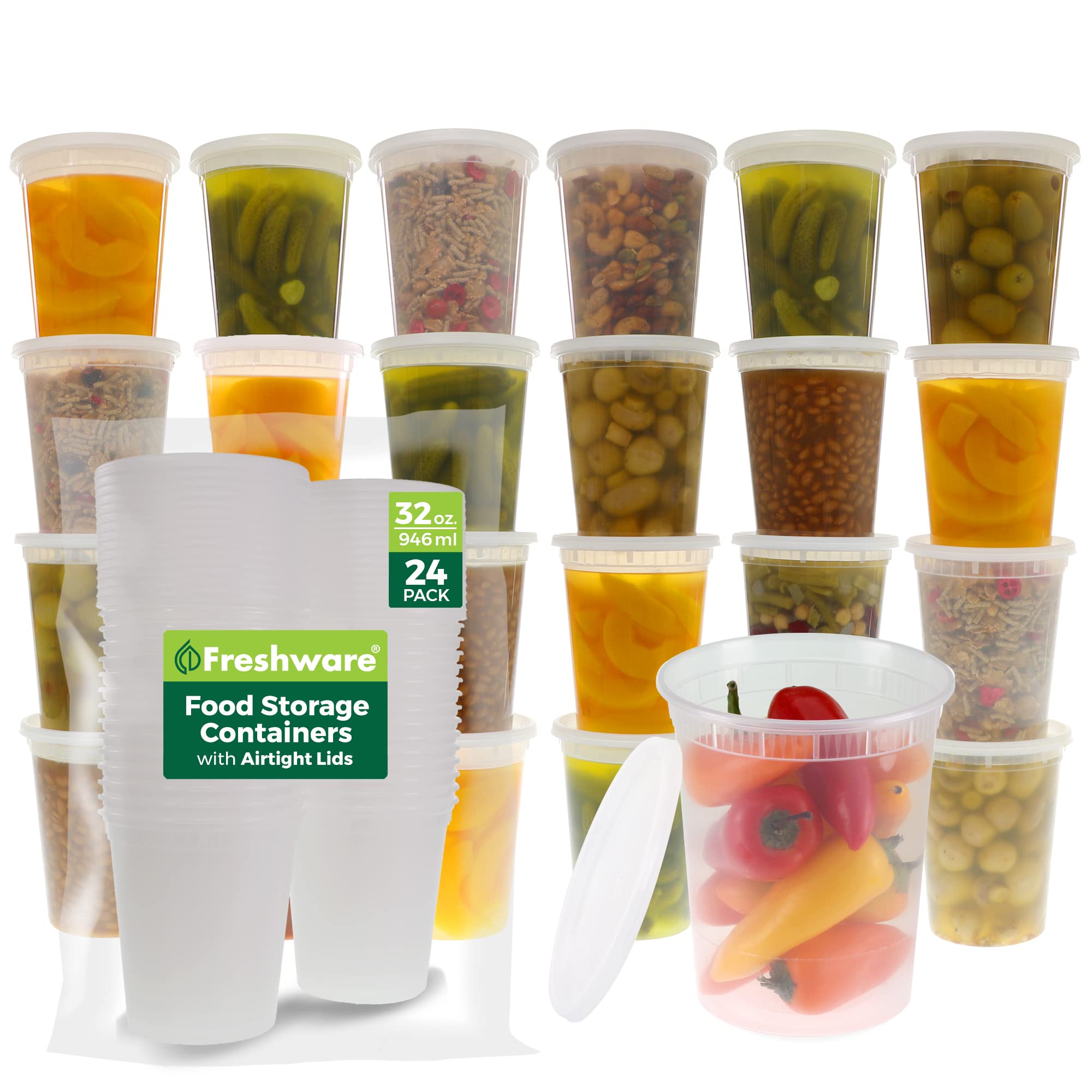 Freshware Vorratsbehälter für Lebensmittel [24er-Set] 946 ml Plastik-Deli-Behälter mit Deckel, für Schleim, Suppe, Essensvorbereitung | BPA-frei | Stapelbar | Auslaufsicher | Mikrowellen-, Spülmaschinen- und Gefrierschrankgeeignet